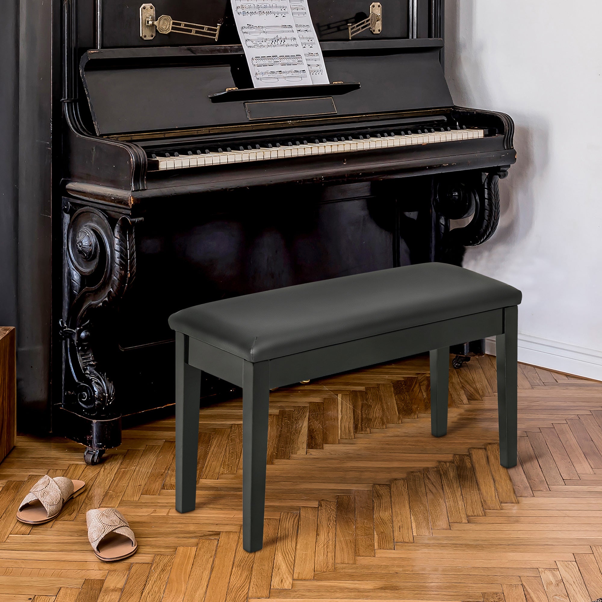 HOMCOM Classic Piano Bench Stool, PU Leather Padded Keyboard Seat with Rubber Wood Legs and Music Storage Compartment, Smooth Seat, Black