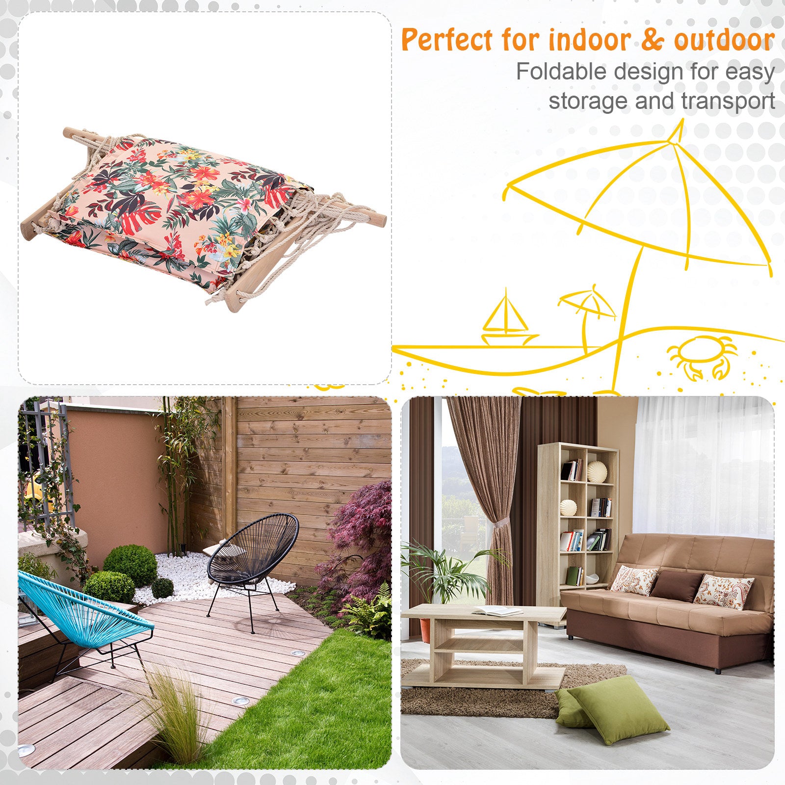 Outsunny Patio Hammock Chair, Portable Hanging Cotton Rope Hammock Swing Chair Sleeping Bed Seat with Armrest for Outdoor Garden Yard Camping Multicolor