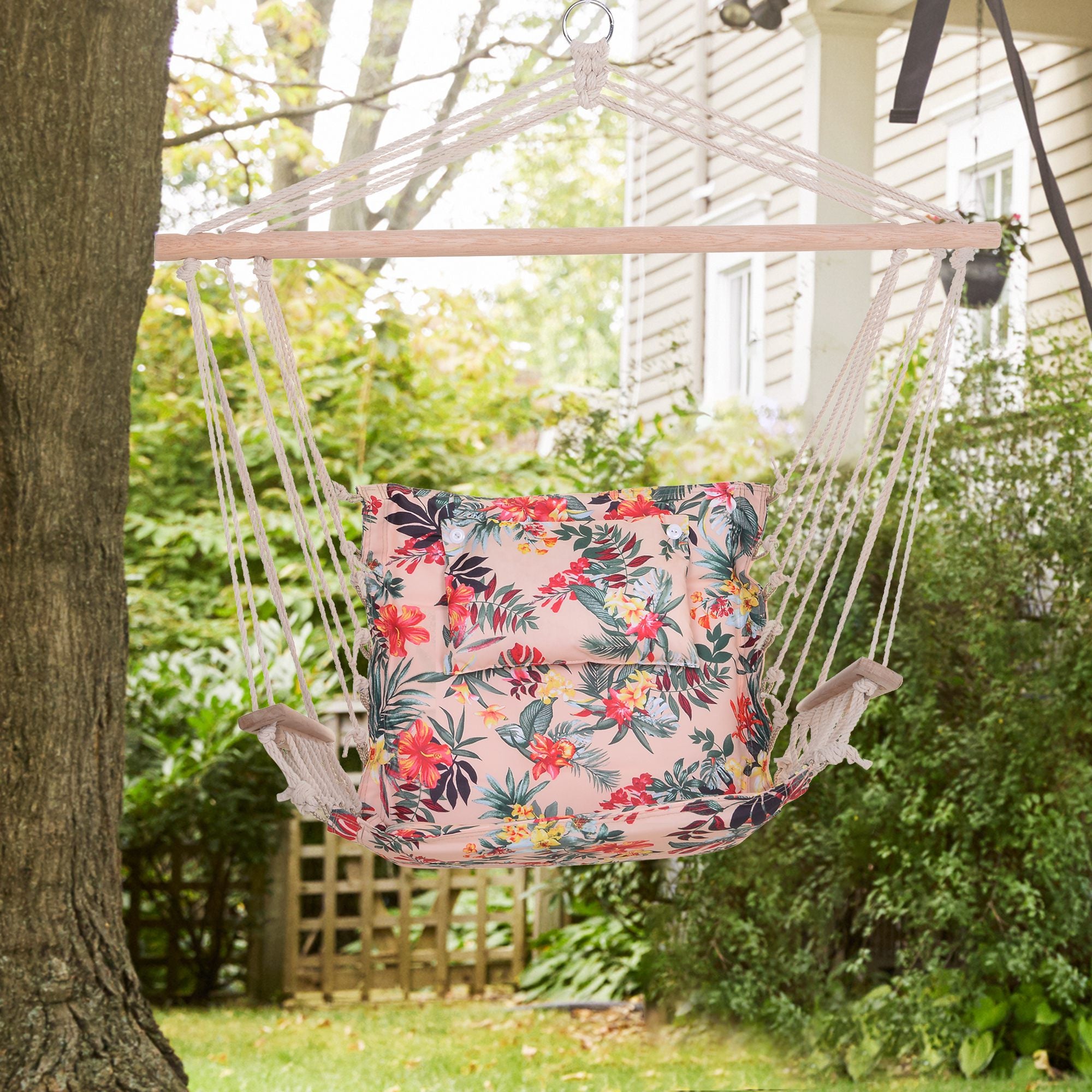 Outsunny Patio Hammock Chair, Portable Hanging Cotton Rope Hammock Swing Chair Sleeping Bed Seat with Armrest for Outdoor Garden Yard Camping Multicolor