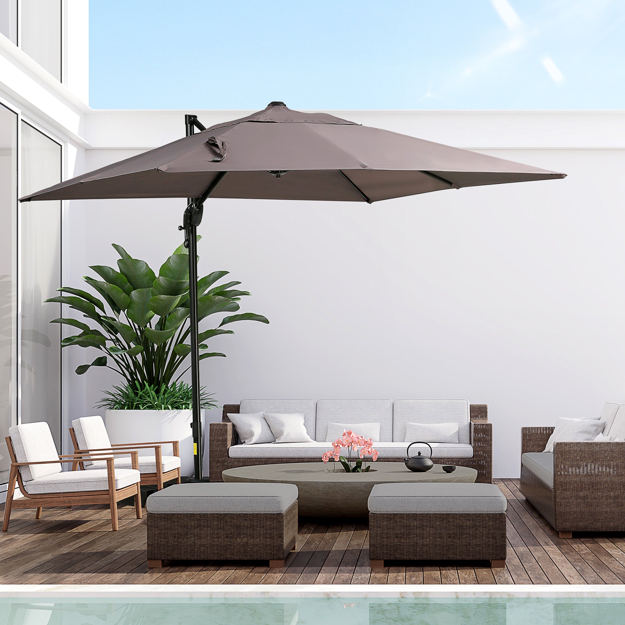 Outsunny 8FT Cantilever Patio Umbrella, Square Outdoor Offset Umbrella with 360° Rotation, Aluminum Hanging Umbrella with 3-Position Tilt, Crank & Cross Base for Garden, Brown