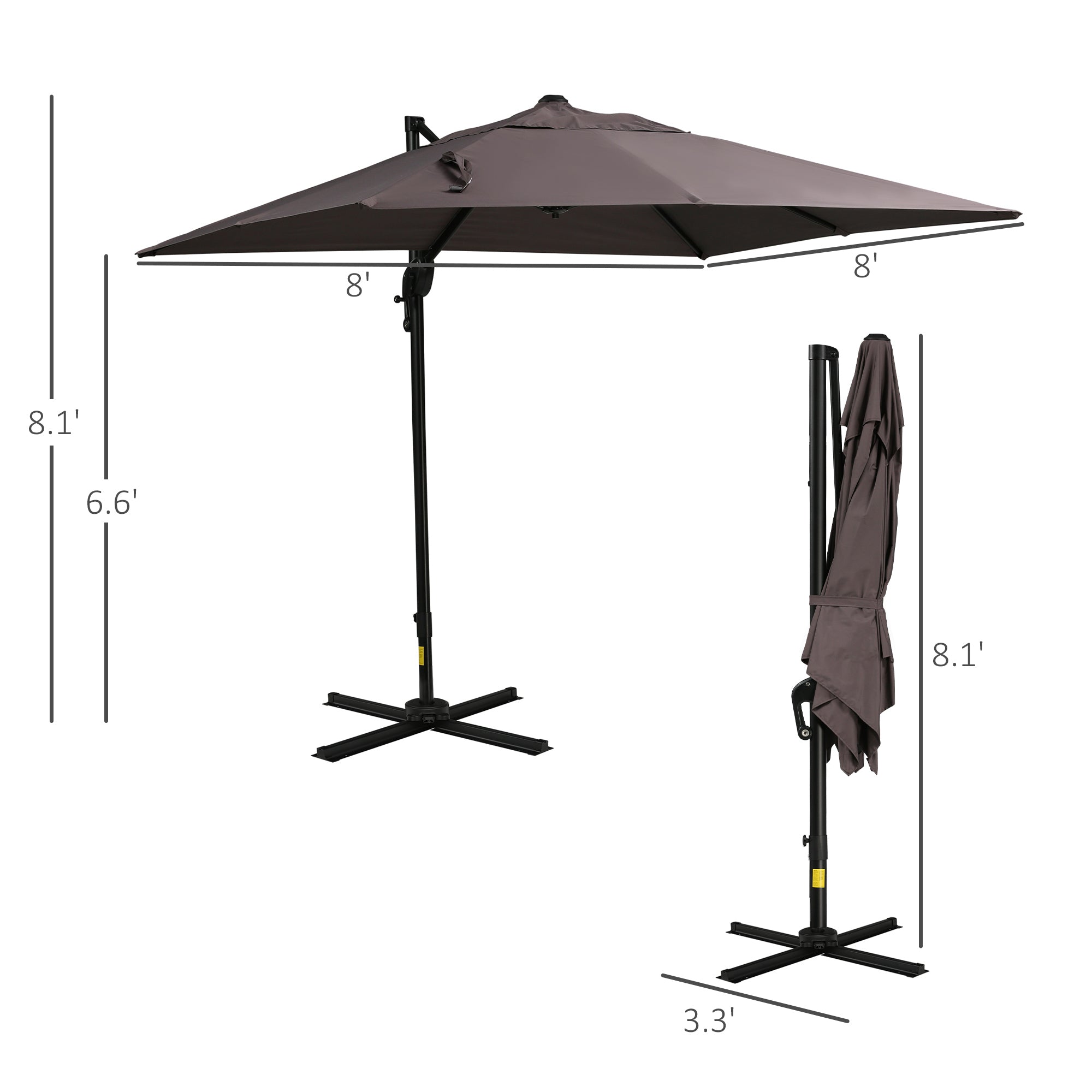 Outsunny 8FT Cantilever Patio Umbrella, Square Outdoor Offset Umbrella with 360° Rotation, Aluminum Hanging Umbrella with 3-Position Tilt, Crank & Cross Base for Garden, Brown
