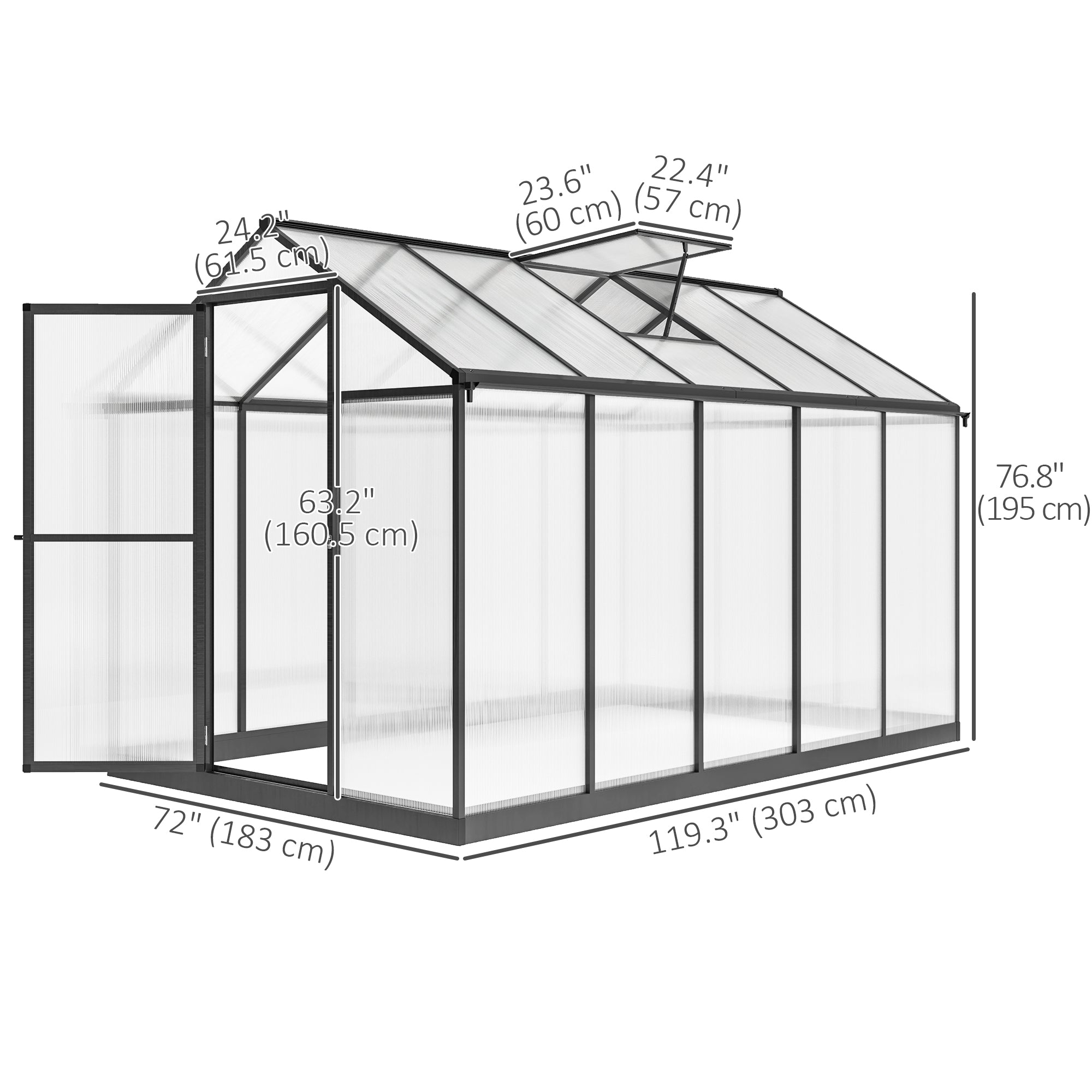 Outsunny 6' x 10' x 6.4' Walk-in Garden Greenhouse Polycarbonate Panels Plants Flower Growth Shed Cold Frame Outdoor Portable Warm House Aluminum Frame, Charcoal Grey