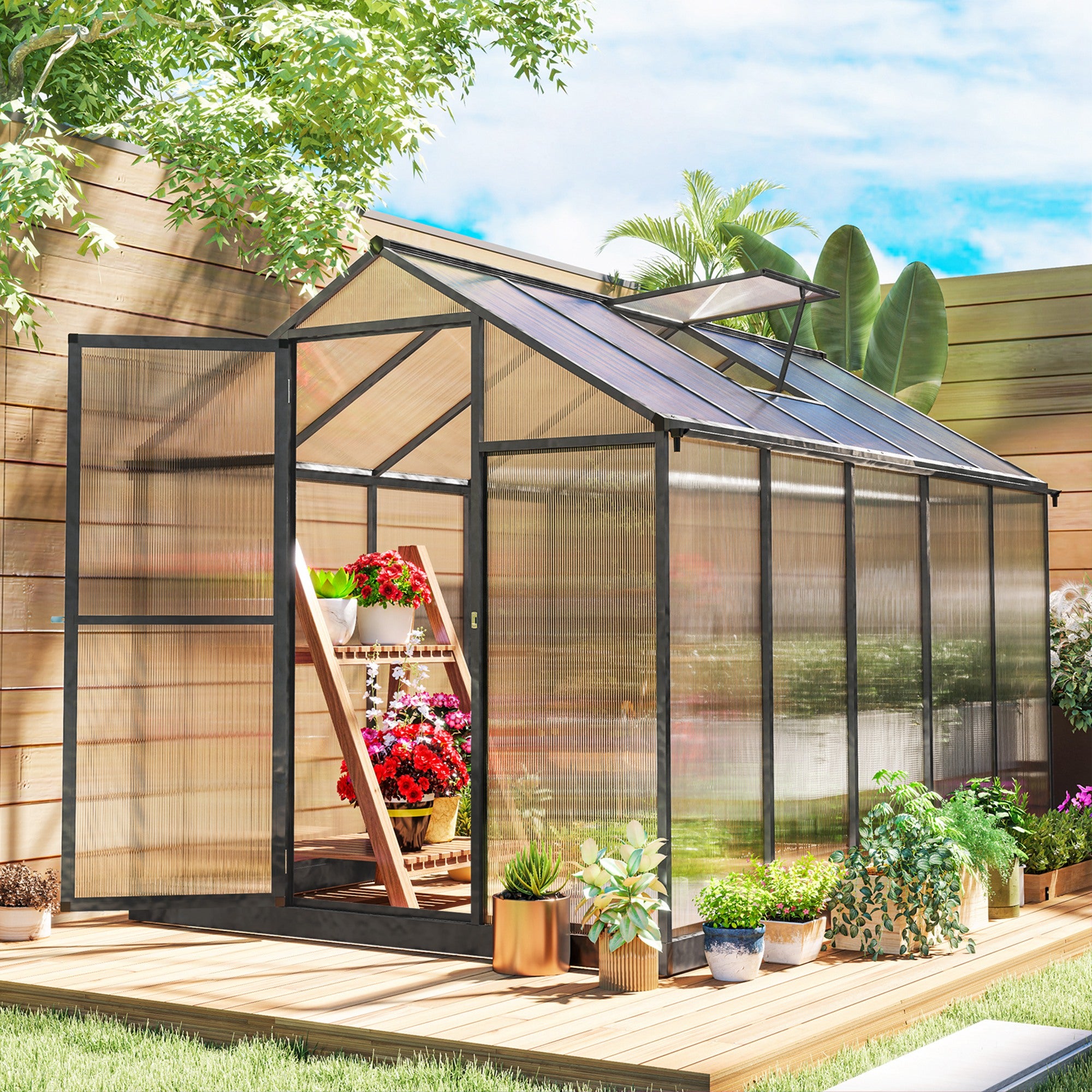 Outsunny 6' x 10' x 6.4' Walk-in Garden Greenhouse Polycarbonate Panels Plants Flower Growth Shed Cold Frame Outdoor Portable Warm House Aluminum Frame, Charcoal Grey