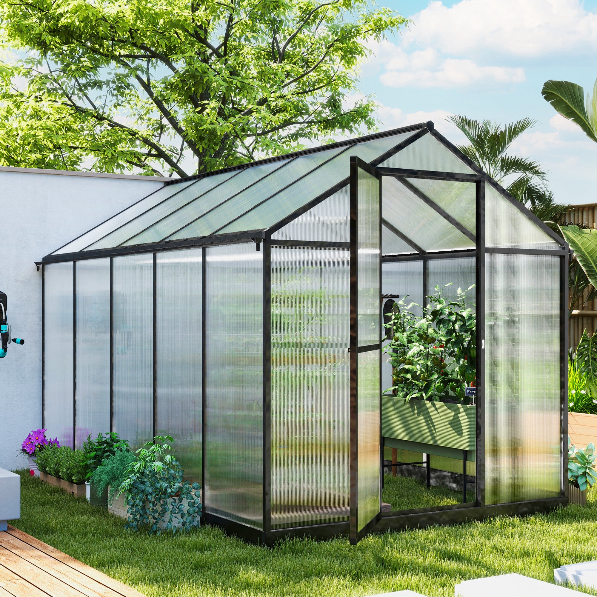 Outsunny 6' x 10' x 6.4' Walk-in Garden Greenhouse Polycarbonate Panels Plants Flower Growth Shed Cold Frame Outdoor Portable Warm House Aluminum Frame, Charcoal Grey