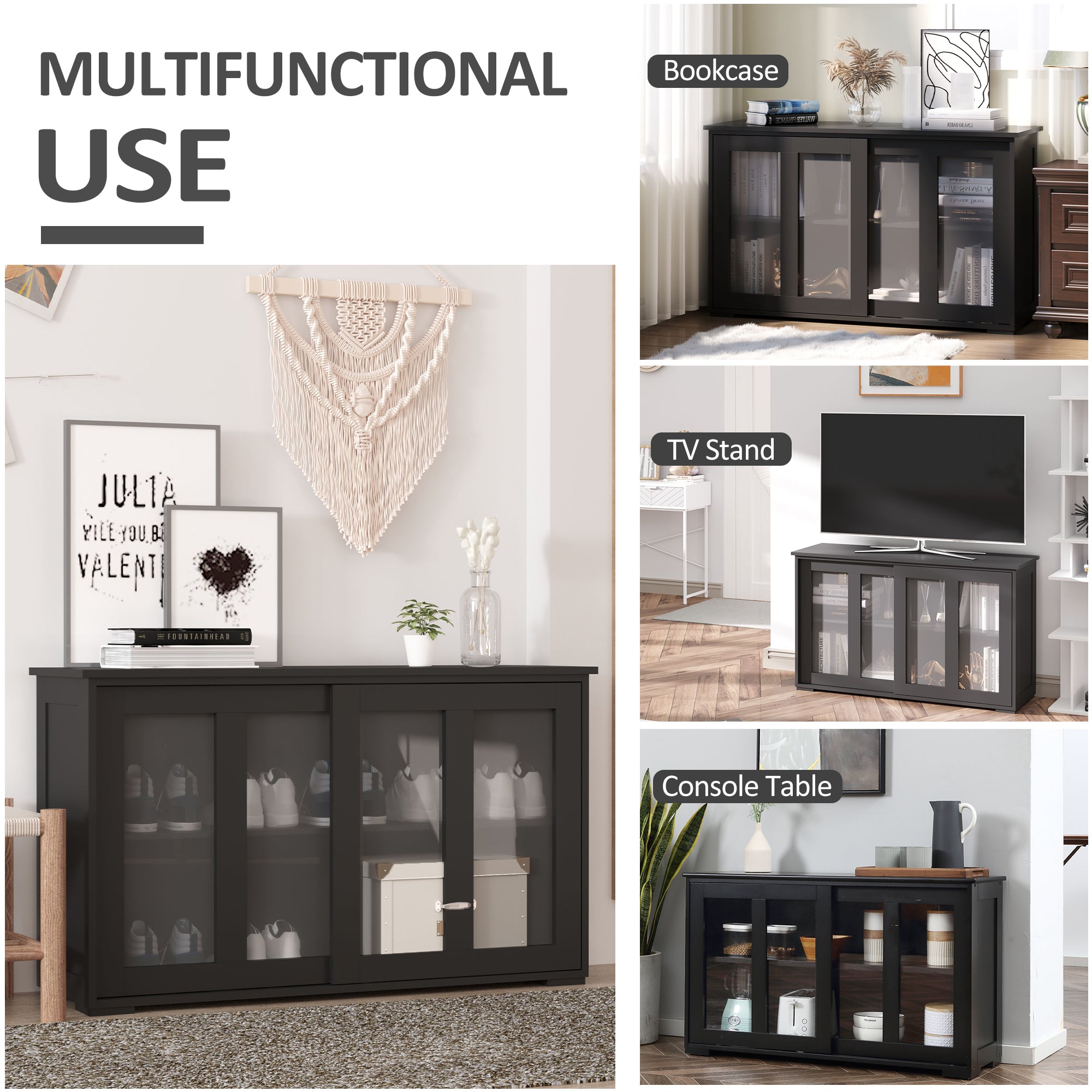 HOMCOM Modern Kitchen Sideboard, Stackable Storage Cabinet, Sliding Glass Door Console, Cupboard Serving Buffet, Black