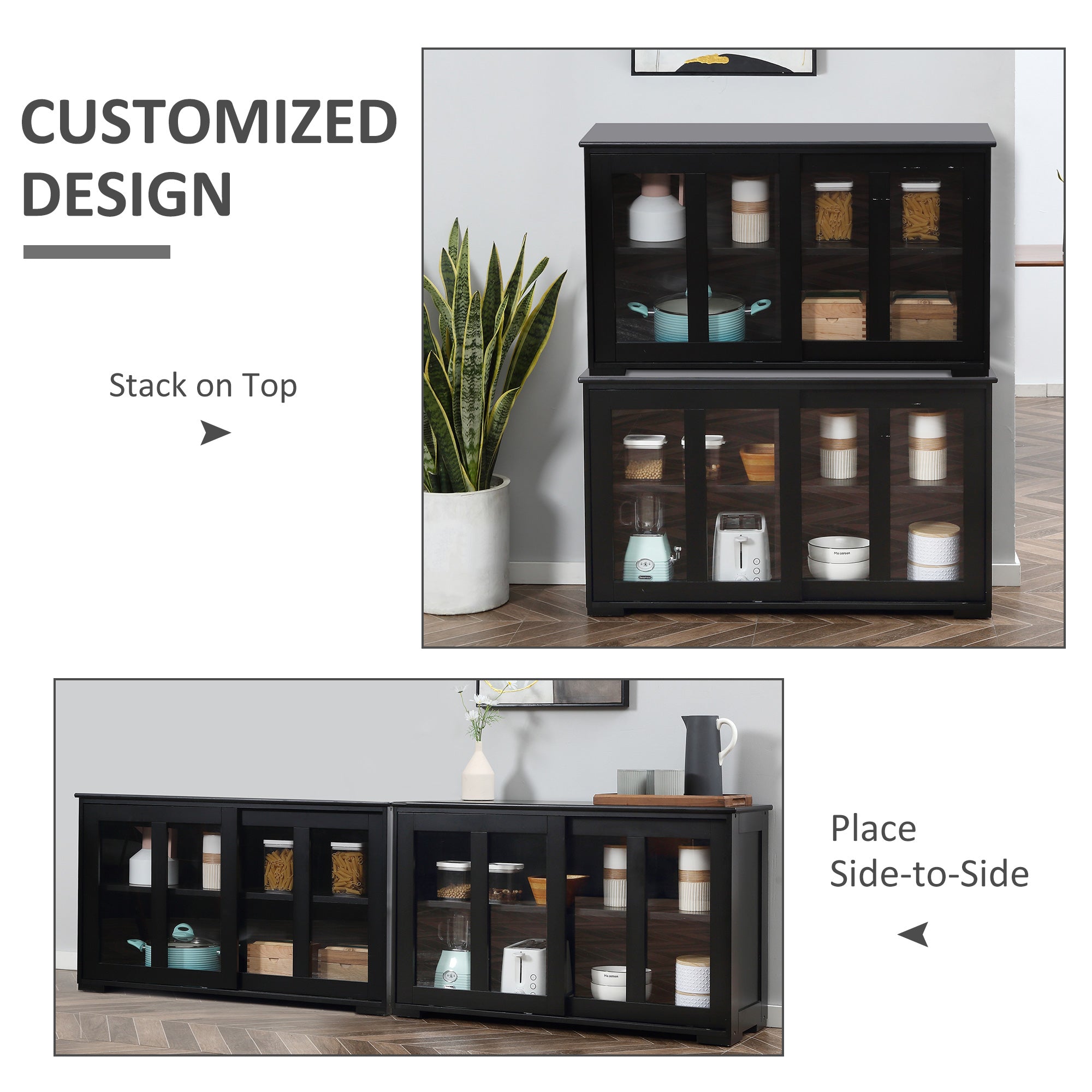 HOMCOM Modern Kitchen Sideboard, Stackable Storage Cabinet, Sliding Glass Door Console, Cupboard Serving Buffet, Black