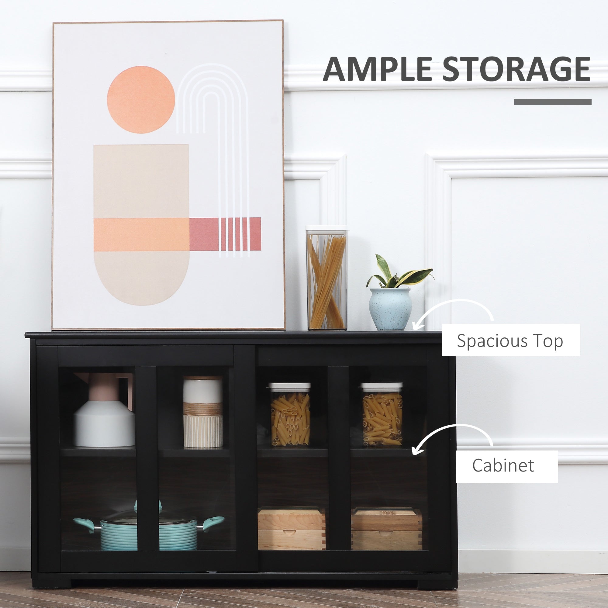 HOMCOM Modern Kitchen Sideboard, Stackable Storage Cabinet, Sliding Glass Door Console, Cupboard Serving Buffet, Black