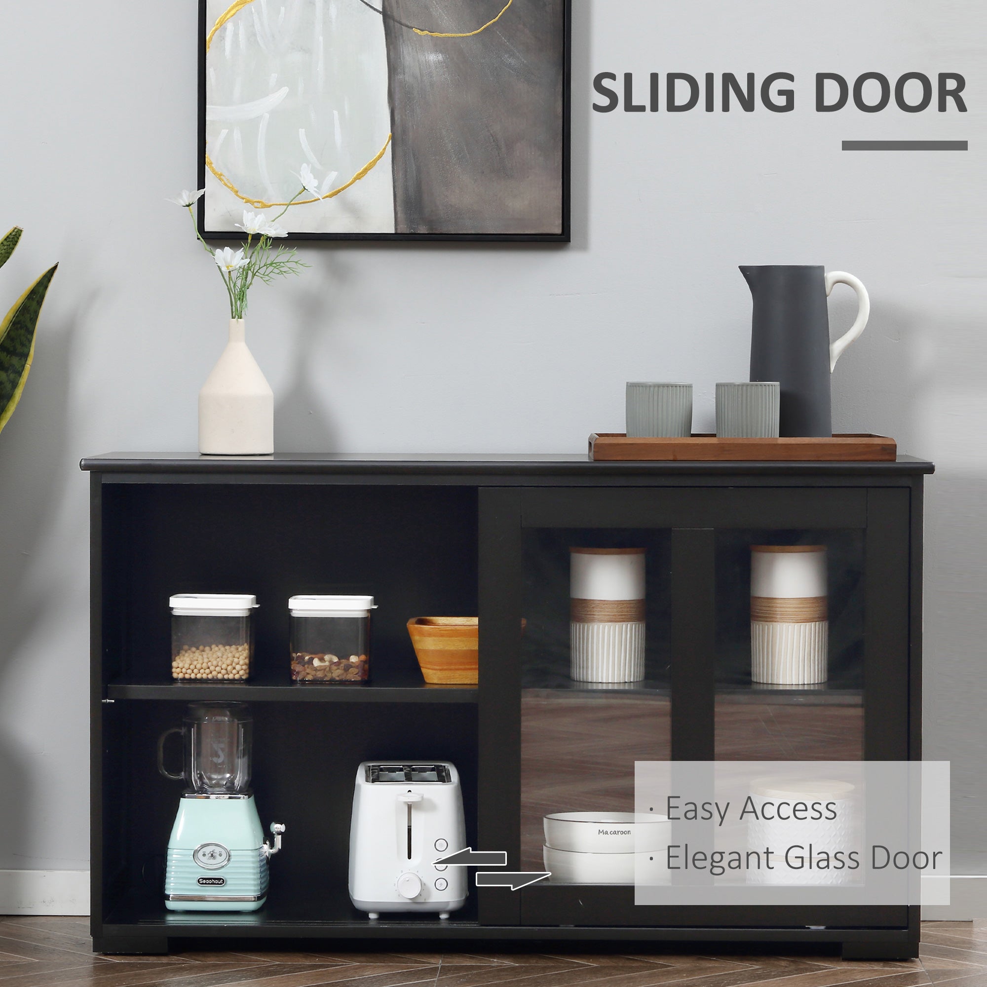 HOMCOM Modern Kitchen Sideboard, Stackable Storage Cabinet, Sliding Glass Door Console, Cupboard Serving Buffet, Black