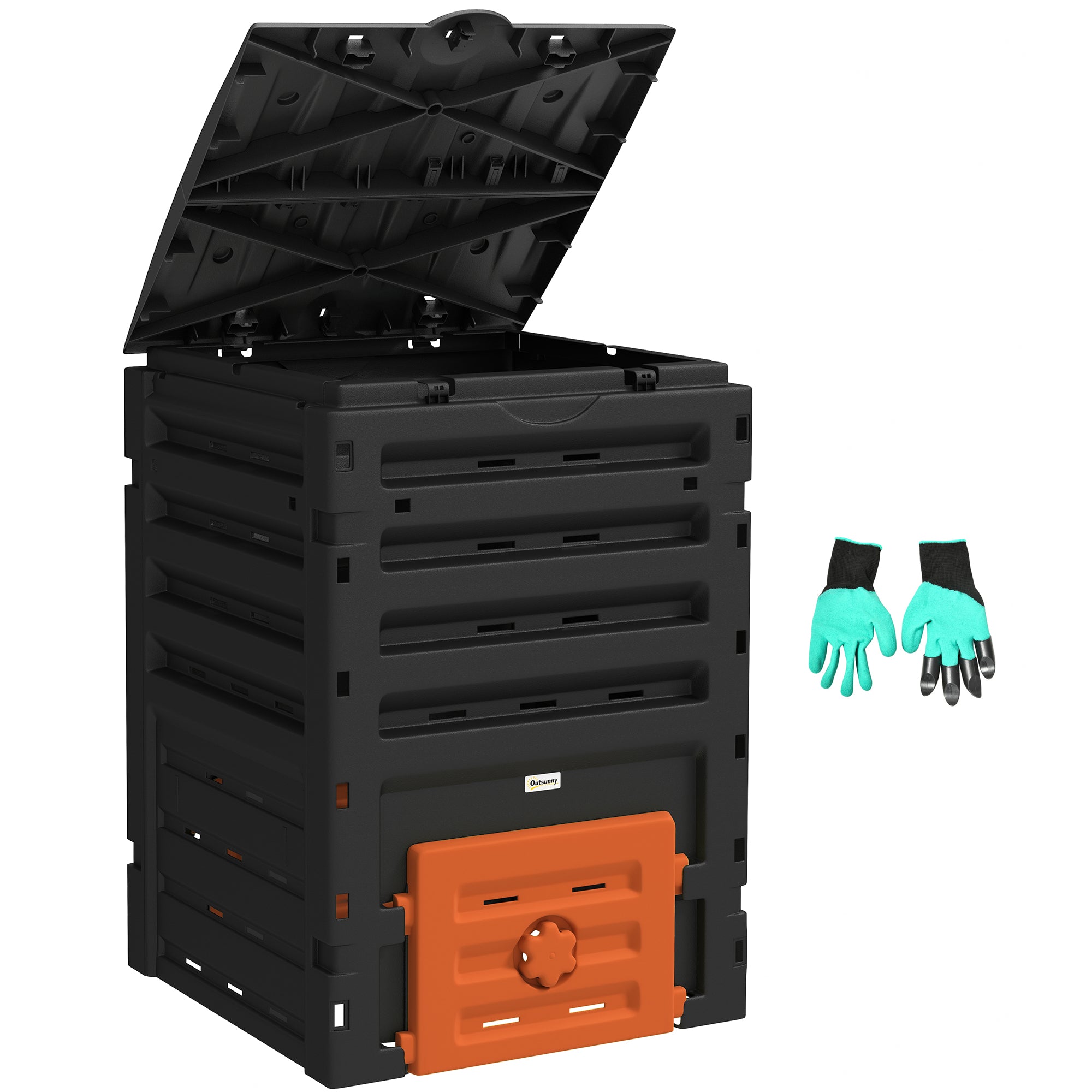 Outsunny Compost Bin, 120 Gallon (450L) Garden Composter with Gloves, 80 Vents and 2 Sliding Doors, Lightweight & Solid, Fast Creation of Fertile Soil, Orange
