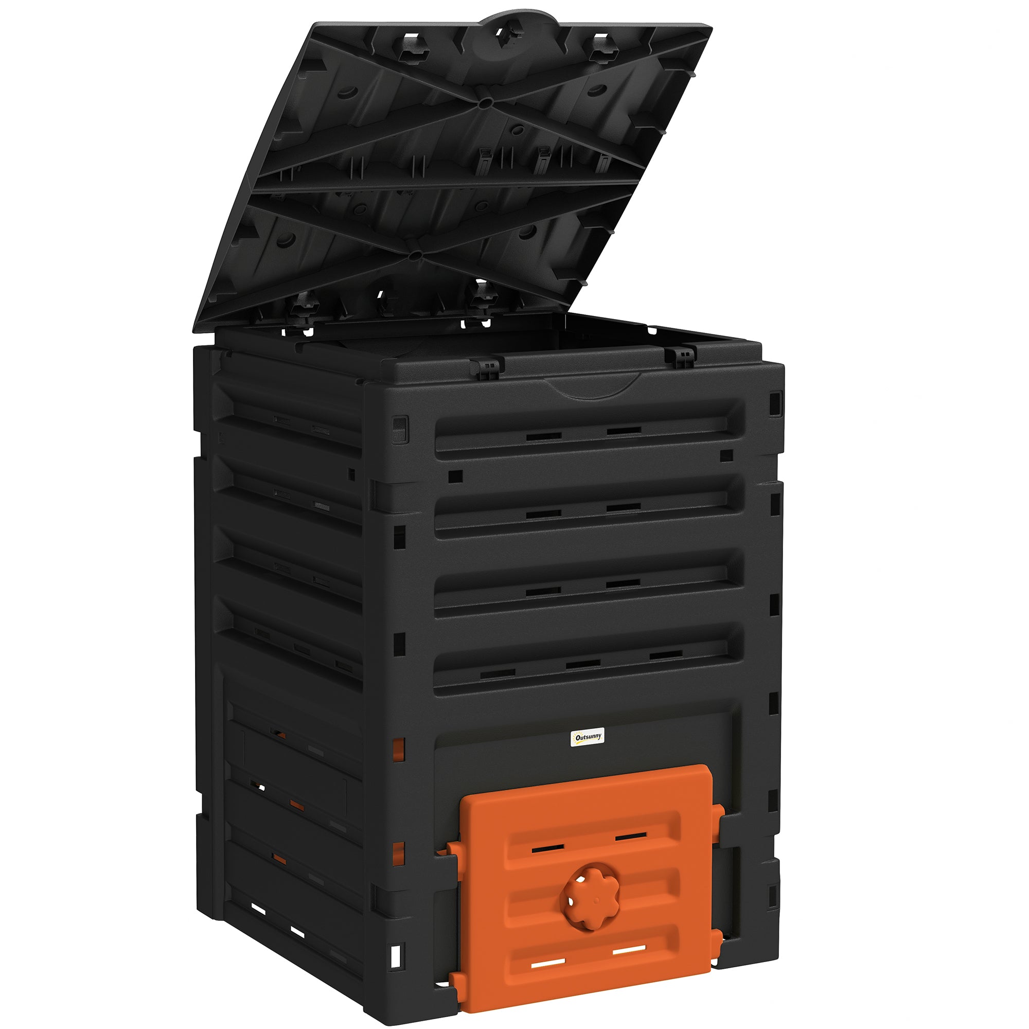 Outsunny Compost Bin, 120 Gallon (450L) Garden Composter with Gloves, 80 Vents and 2 Sliding Doors, Lightweight & Solid, Fast Creation of Fertile Soil, Orange