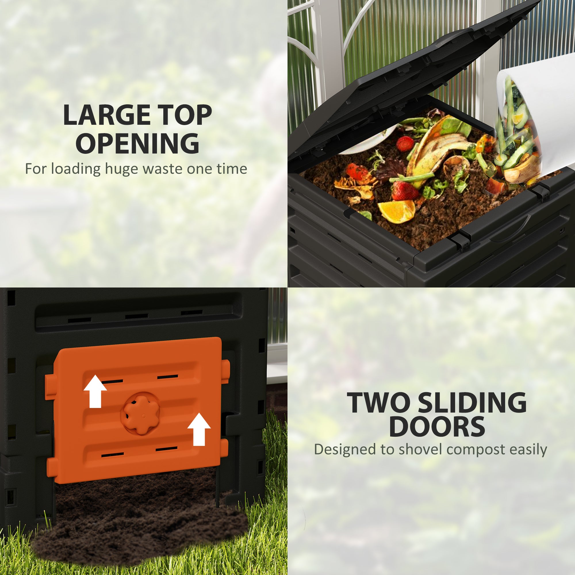 Outsunny Compost Bin, 120 Gallon (450L) Garden Composter with Gloves, 80 Vents and 2 Sliding Doors, Lightweight & Solid, Fast Creation of Fertile Soil, Orange