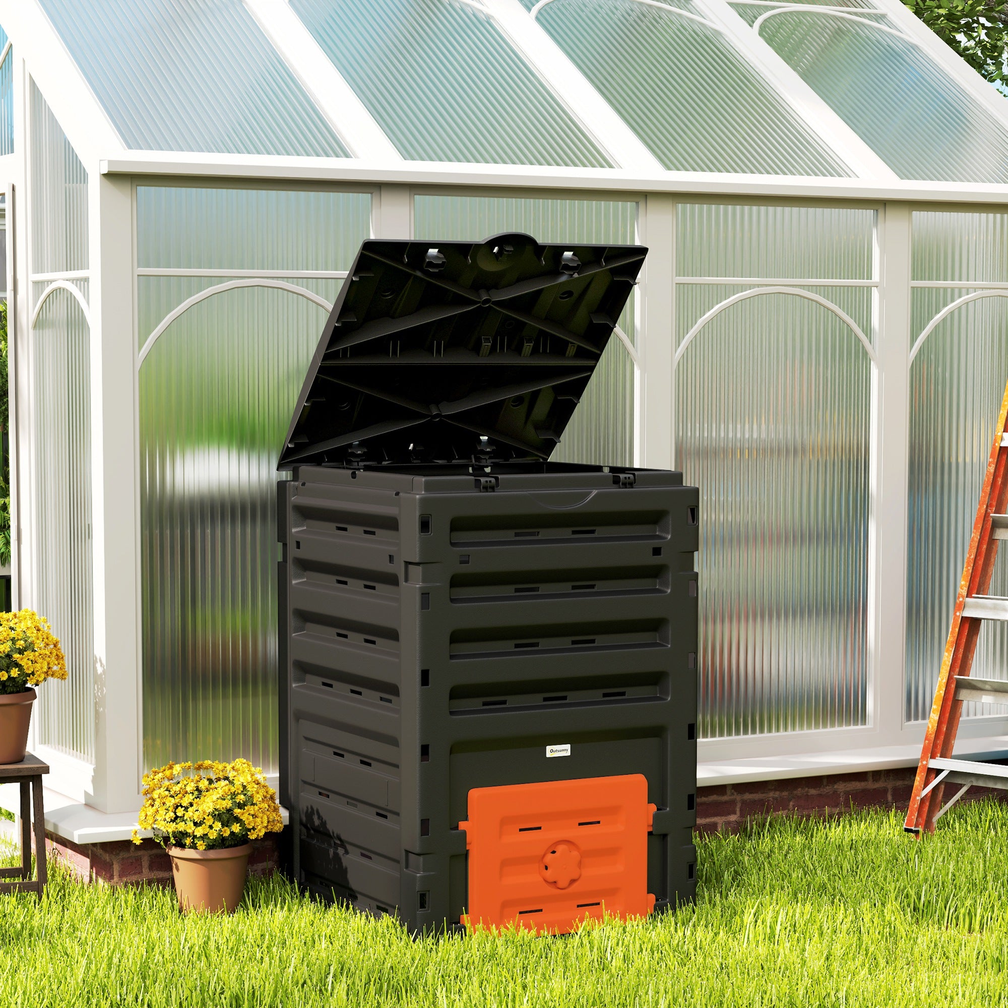 Outsunny Compost Bin, 120 Gallon (450L) Garden Composter with Gloves, 80 Vents and 2 Sliding Doors, Lightweight & Solid, Fast Creation of Fertile Soil, Orange