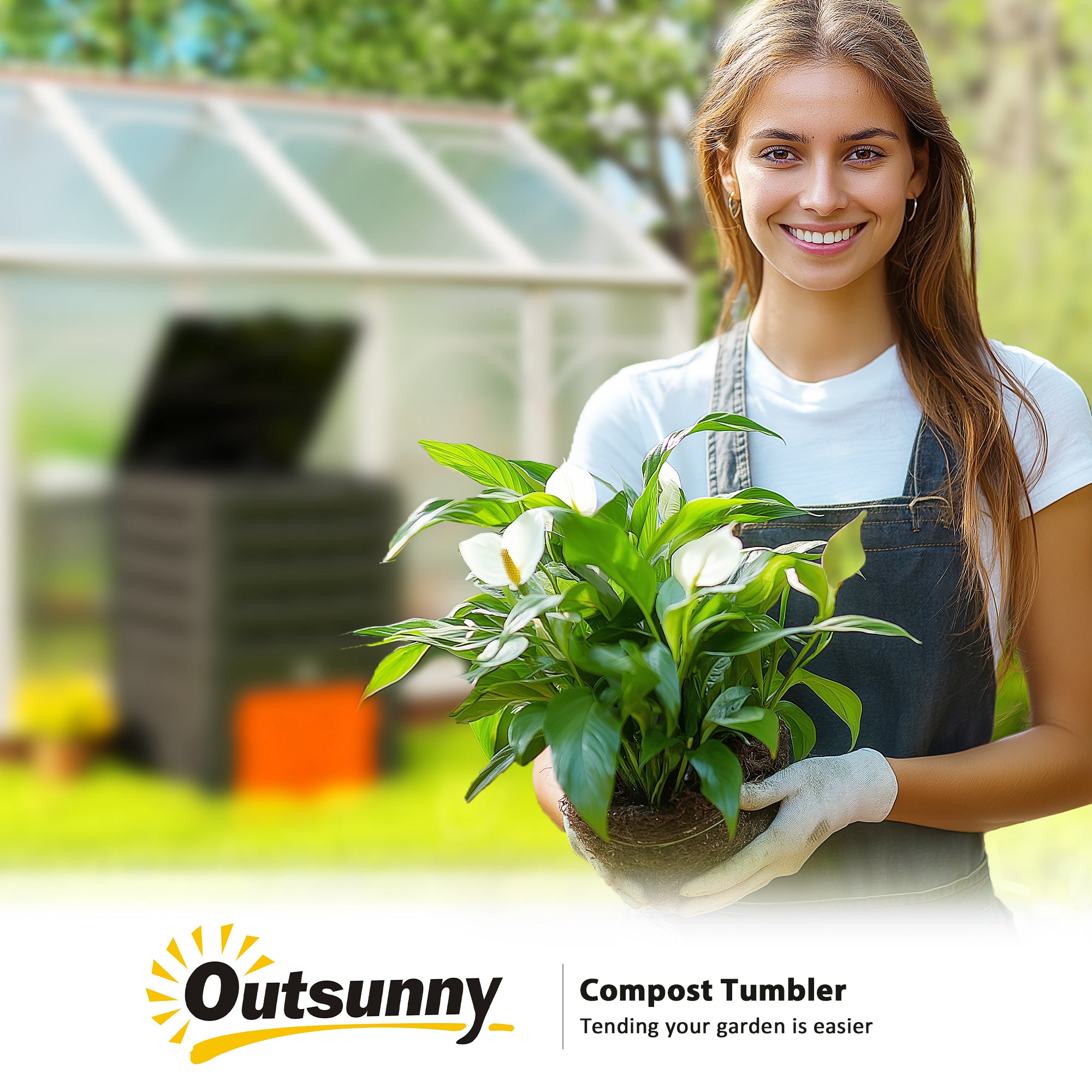 Outsunny Compost Bin, 120 Gallon (450L) Garden Composter with Gloves, 80 Vents and 2 Sliding Doors, Lightweight & Solid, Fast Creation of Fertile Soil, Orange