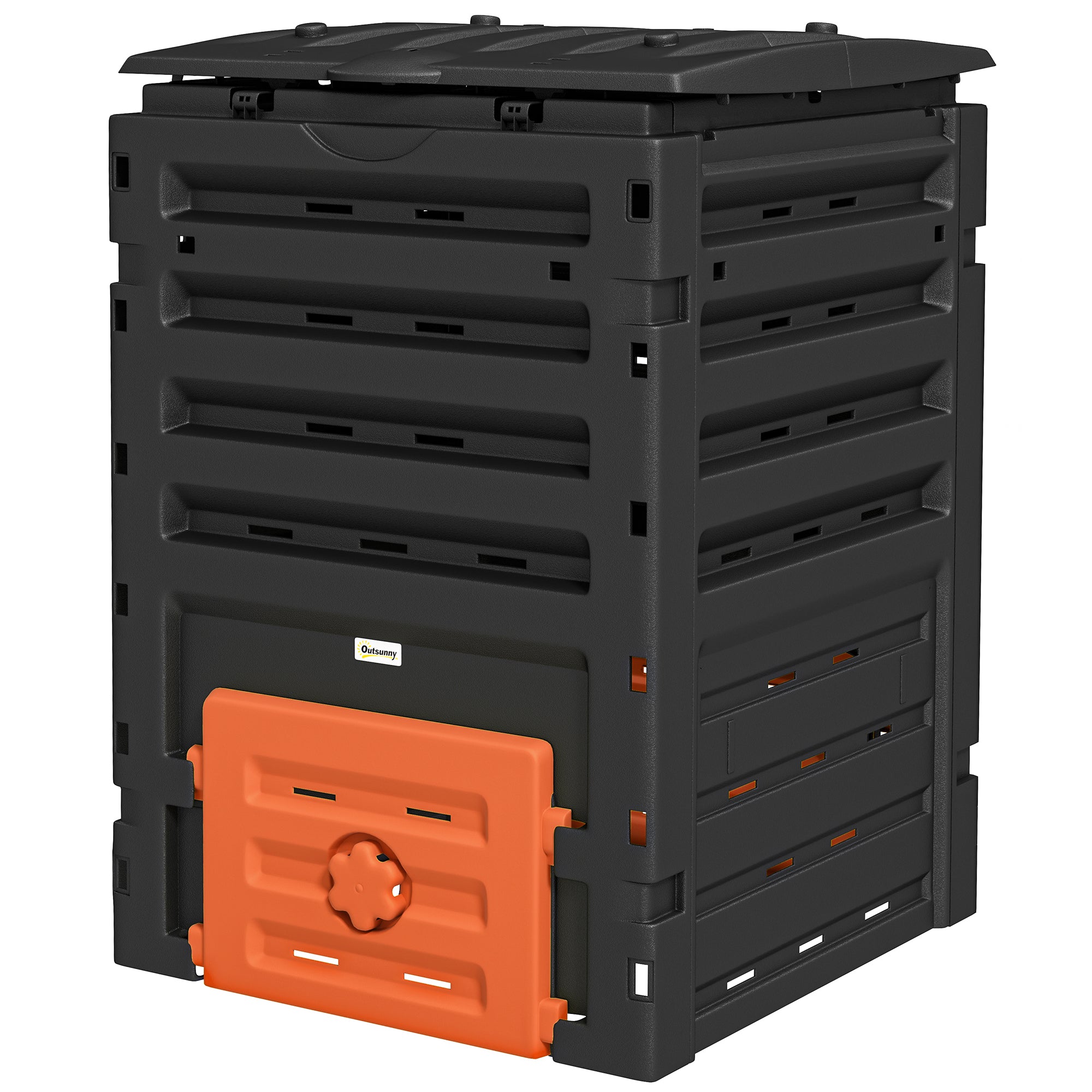 Outsunny Compost Bin, 120 Gallon (450L) Garden Composter with Gloves, 80 Vents and 2 Sliding Doors, Lightweight & Solid, Fast Creation of Fertile Soil, Orange