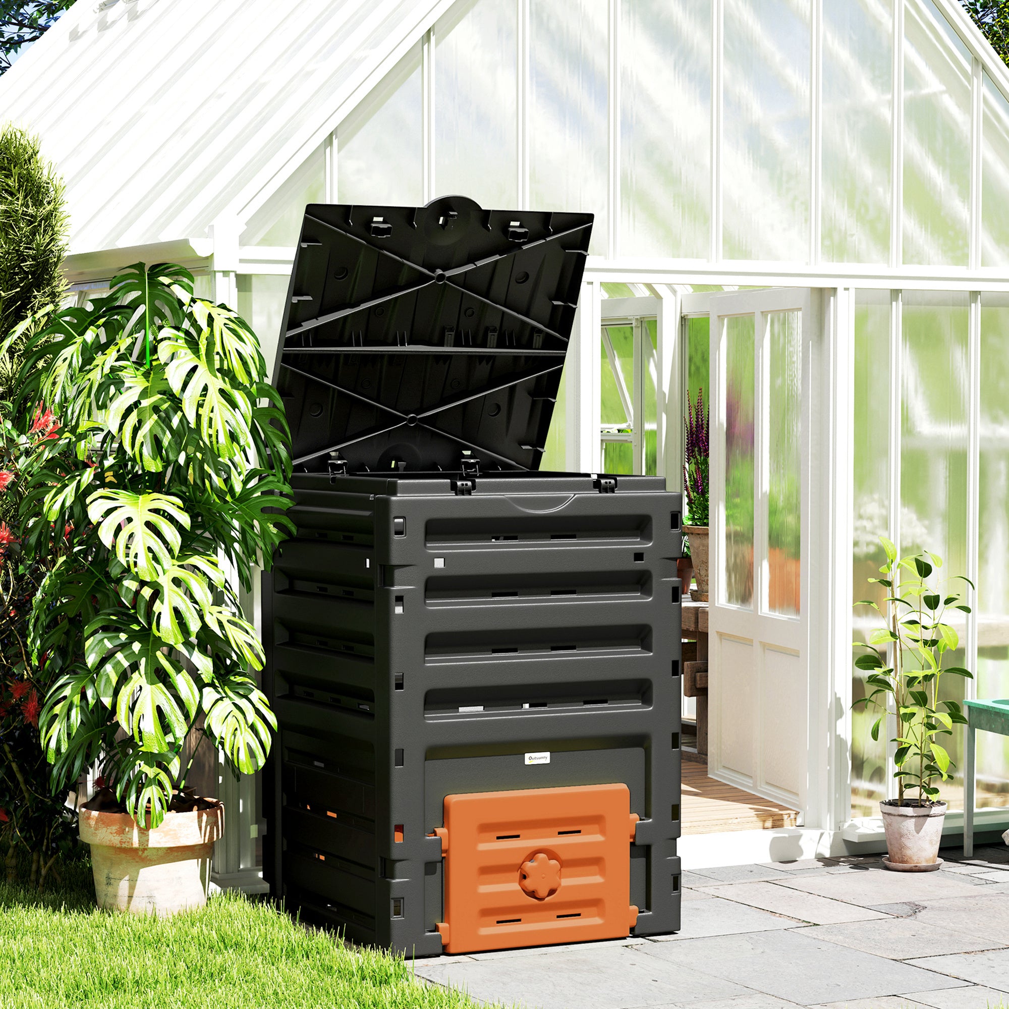 Outsunny Compost Bin, 120 Gallon (450L) Garden Composter with Gloves, 80 Vents and 2 Sliding Doors, Lightweight & Solid, Fast Creation of Fertile Soil, Orange