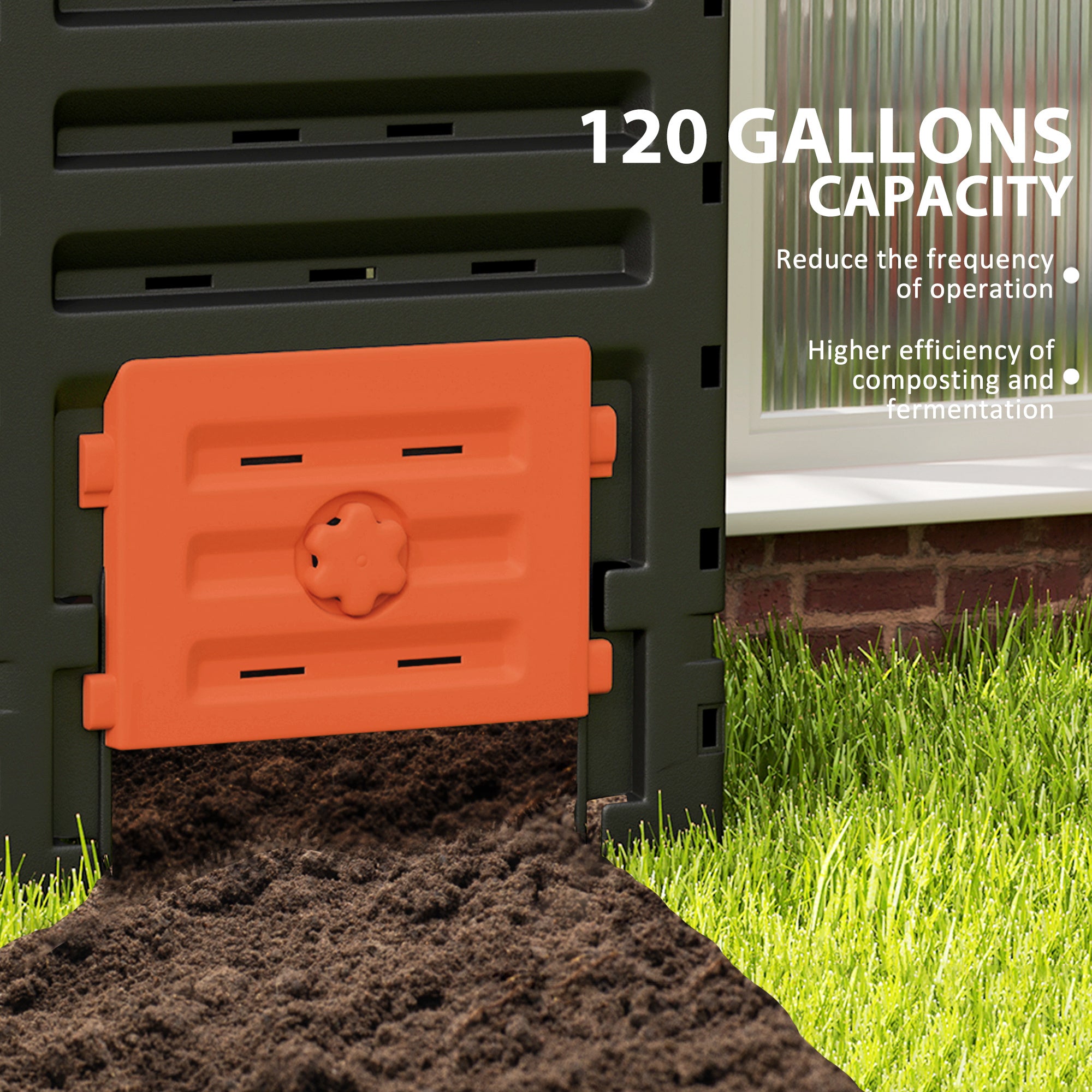 Outsunny Compost Bin, 120 Gallon (450L) Garden Composter with Gloves, 80 Vents and 2 Sliding Doors, Lightweight & Solid, Fast Creation of Fertile Soil, Orange