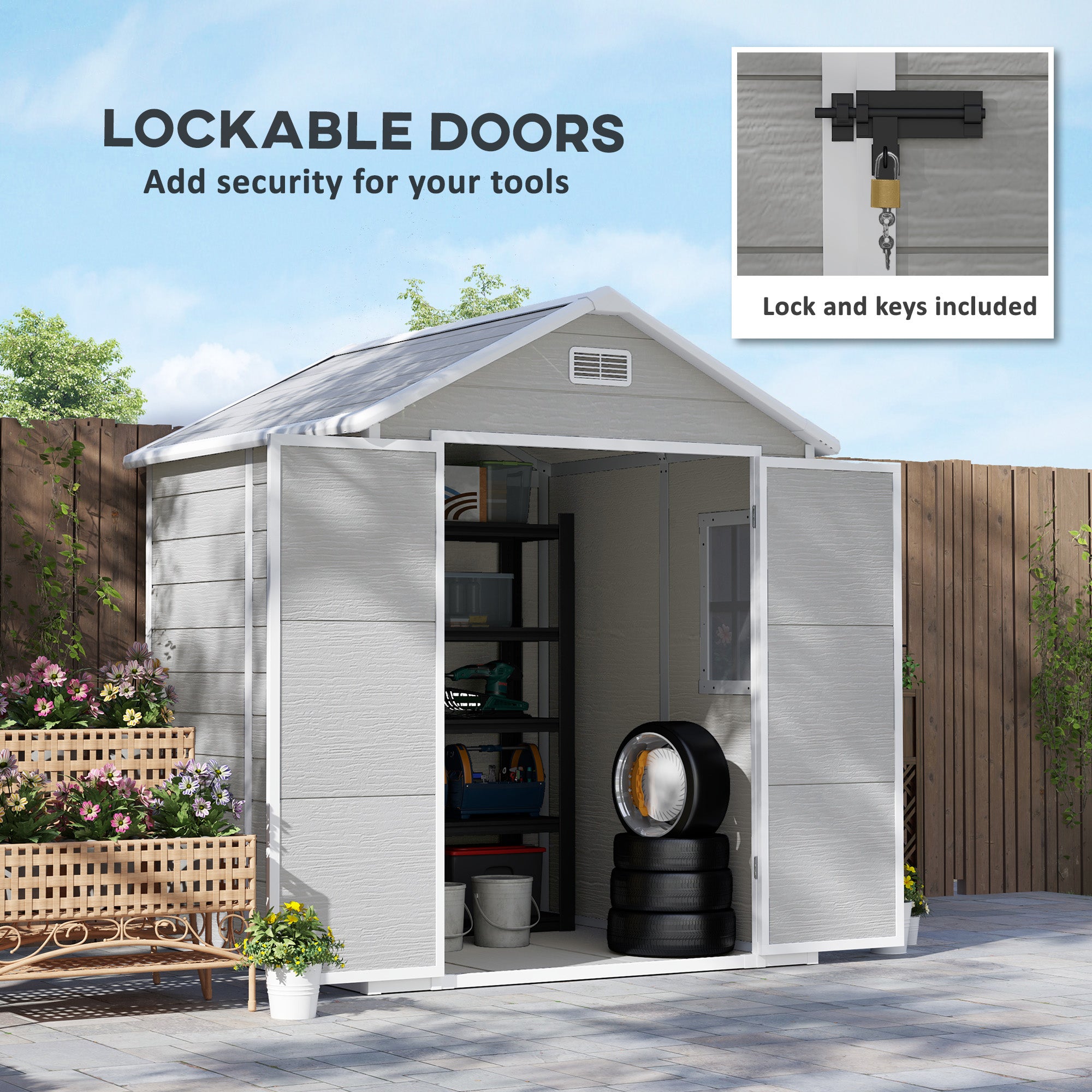 Outsunny 6' x 5' Outdoor Storage Shed, Plastic Garden Shed with Floor, Window, Lockable Doors and Vents, Wood Effect Resin Tool Shed for Backyard, Patio, Lawn, Dark Grey