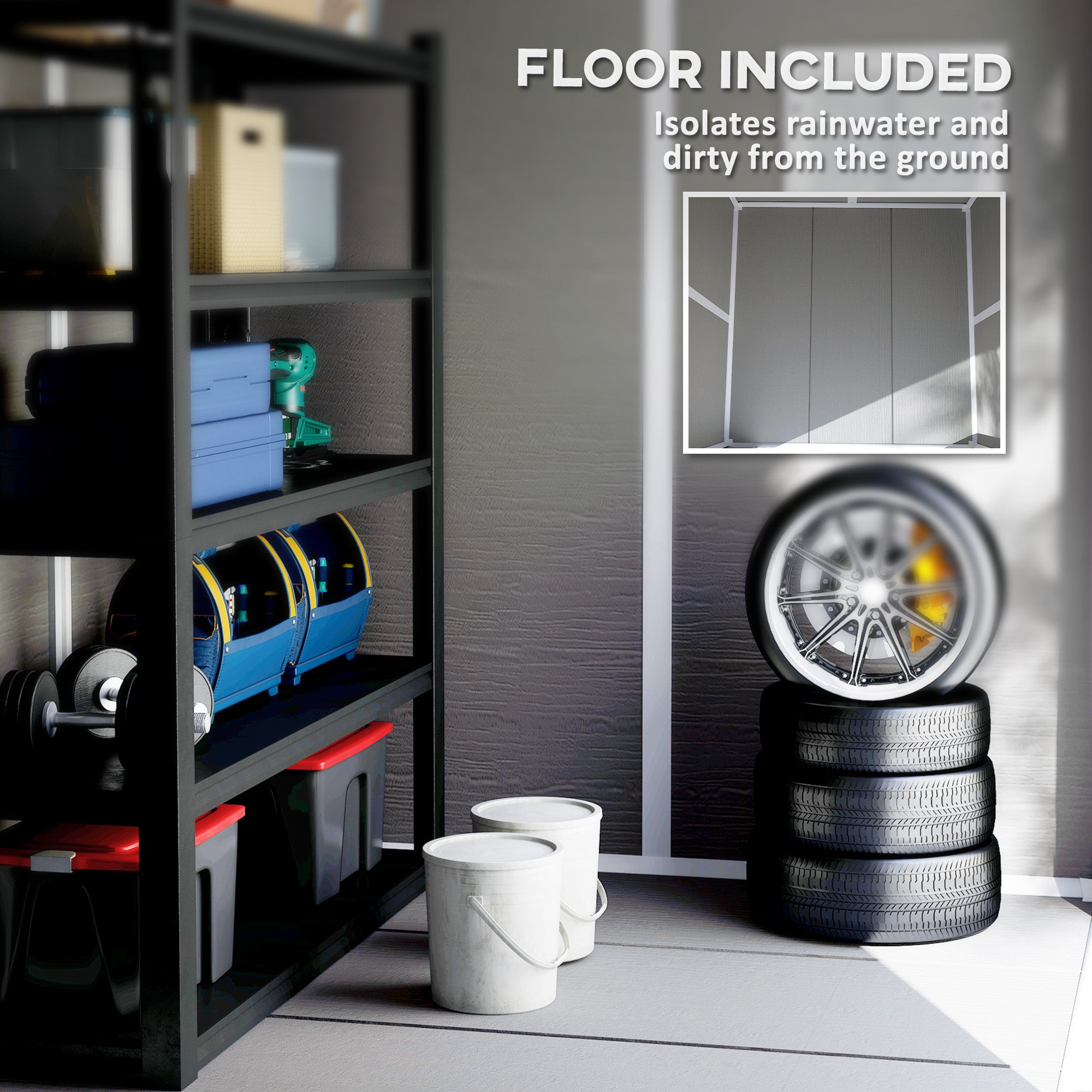 Outsunny 6' x 5' Outdoor Storage Shed, Plastic Garden Shed with Floor, Window, Lockable Doors and Vents, Wood Effect Resin Tool Shed for Backyard, Patio, Lawn, Dark Grey