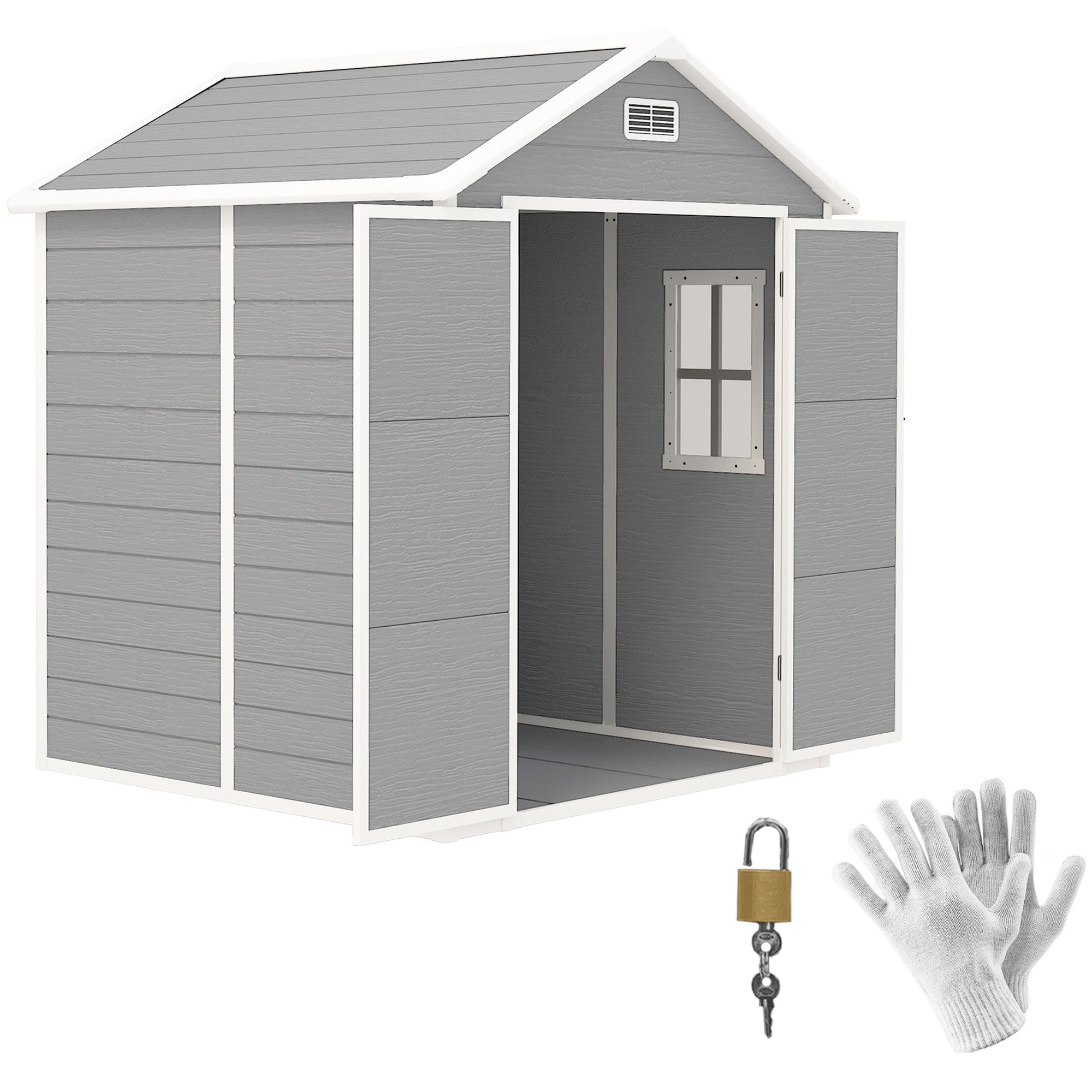 Outsunny 6' x 5' Outdoor Storage Shed, Plastic Garden Shed with Floor, Window, Lockable Doors and Vents, Wood Effect Resin Tool Shed for Backyard, Patio, Lawn, Dark Grey