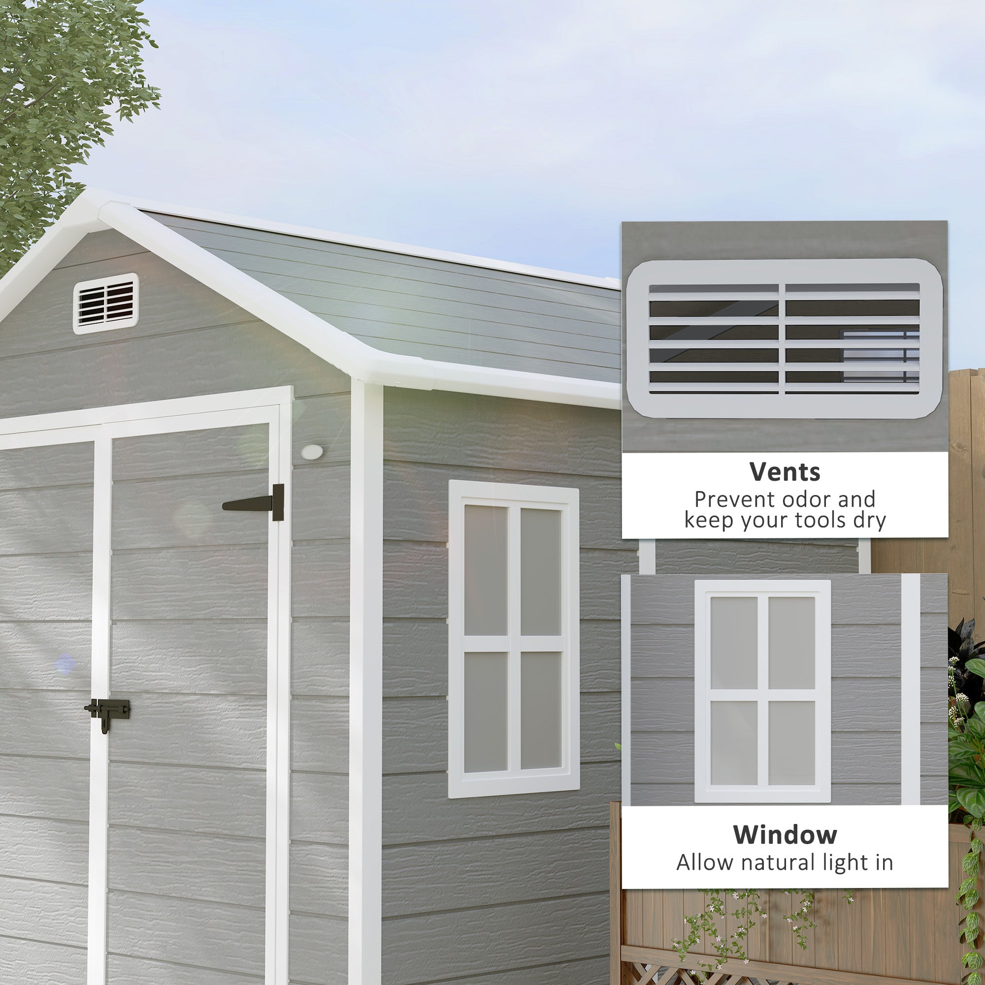 Outsunny 6' x 5' Outdoor Storage Shed, Plastic Garden Shed with Floor, Window, Lockable Doors and Vents, Wood Effect Resin Tool Shed for Backyard, Patio, Lawn, Dark Grey