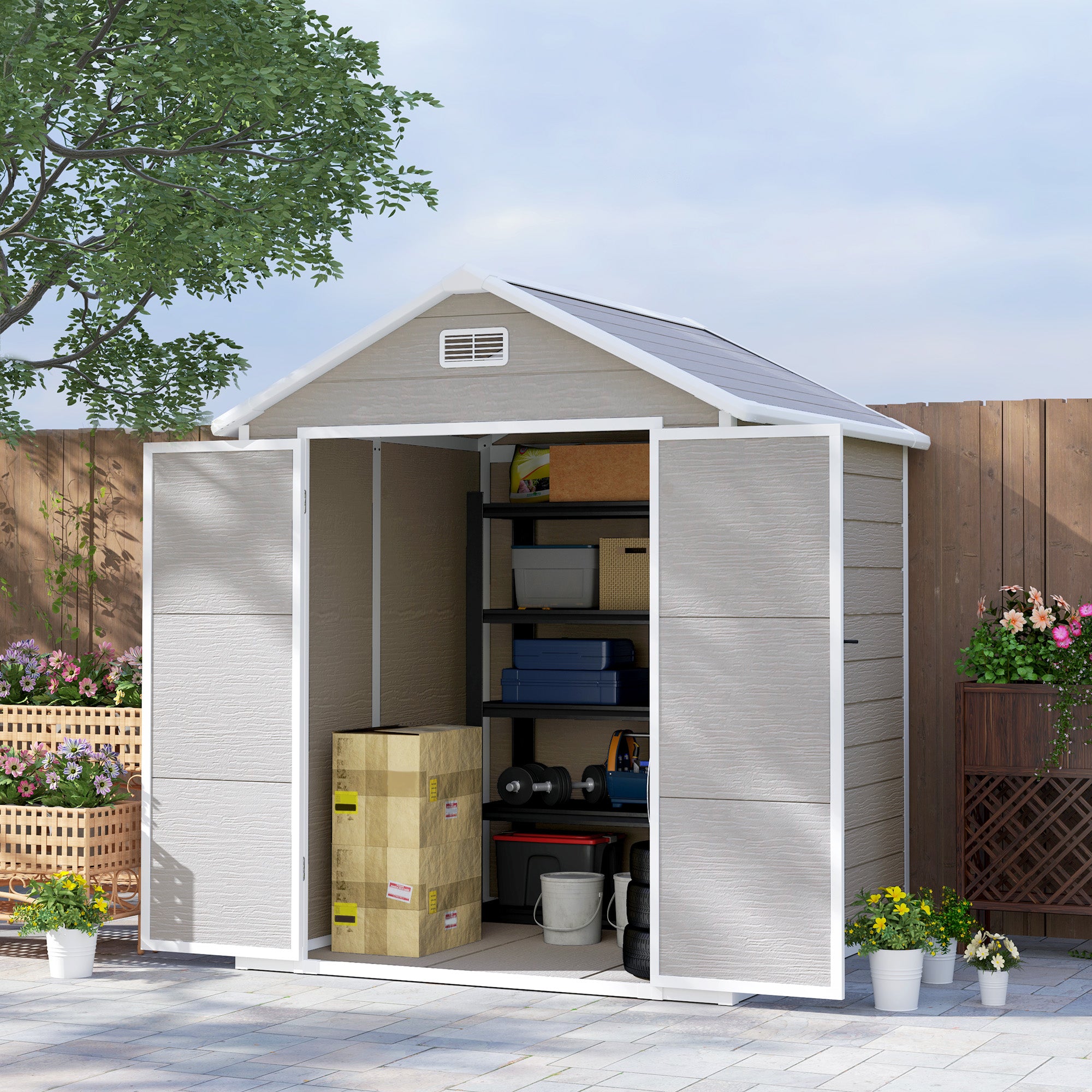 Outsunny 6' x 5' Outdoor Storage Shed, Plastic Garden Shed with Floor, Window, Lockable Doors and Vents, Wood Effect Resin Tool Shed for Backyard, Patio, Lawn, Dark Grey