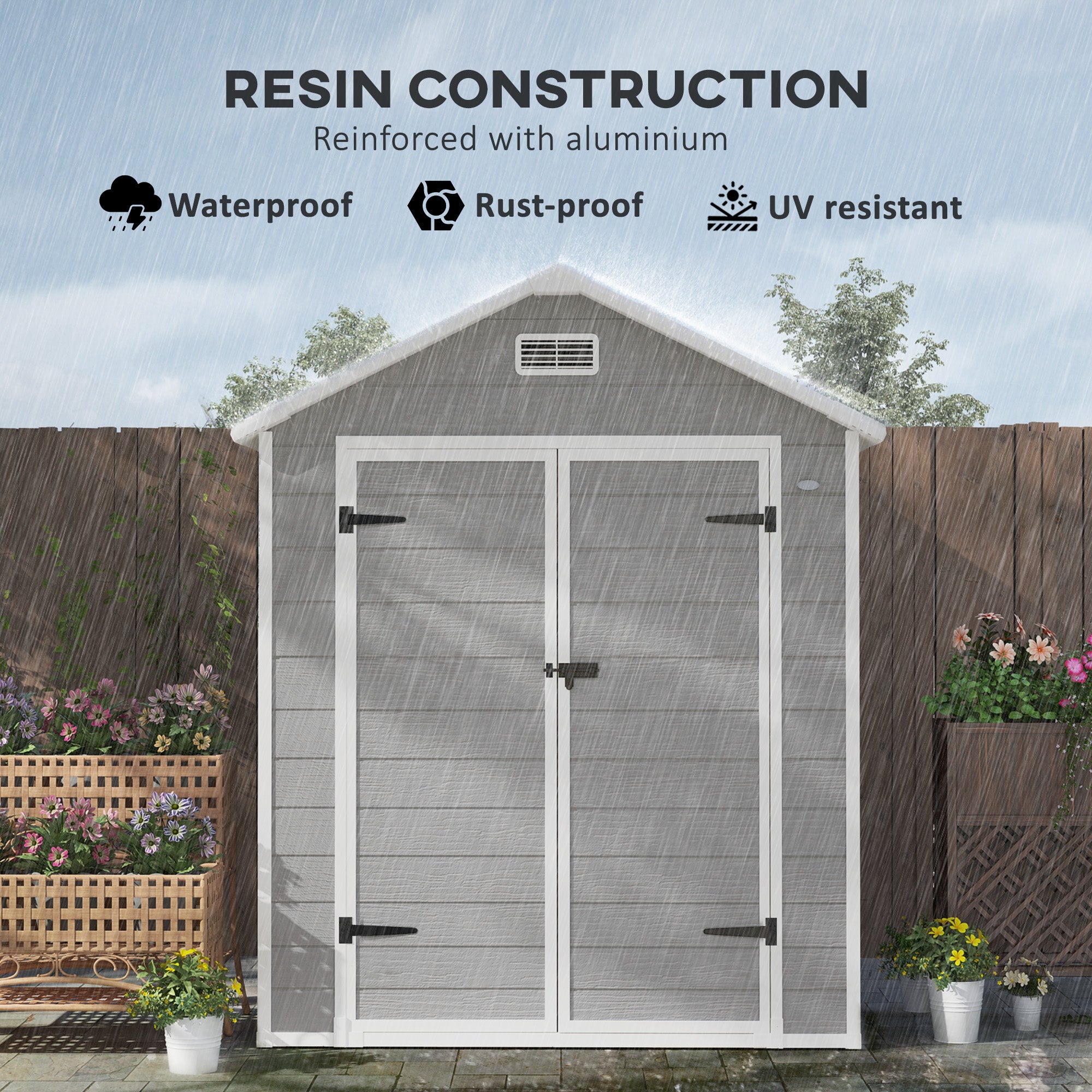 Outsunny 6' x 5' Outdoor Storage Shed, Plastic Garden Shed with Floor, Window, Lockable Doors and Vents, Wood Effect Resin Tool Shed for Backyard, Patio, Lawn, Dark Grey
