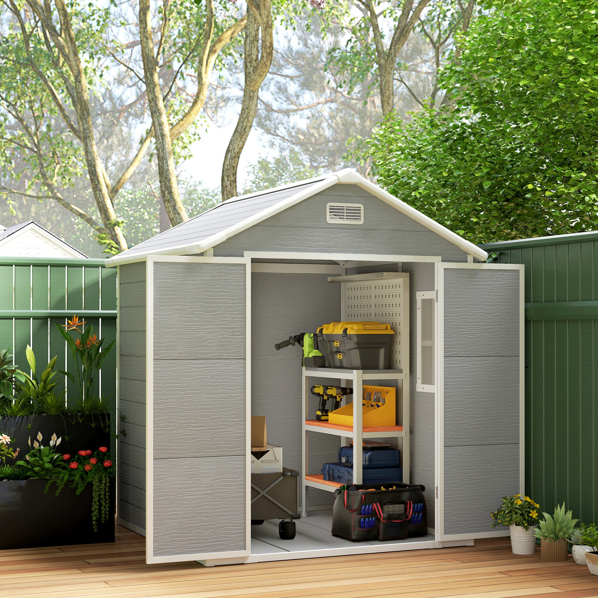 Outsunny 6' x 5' Outdoor Storage Shed, Plastic Garden Shed with Floor, Window, Lockable Doors and Vents, Wood Effect Resin Tool Shed for Backyard, Patio, Lawn, Dark Grey