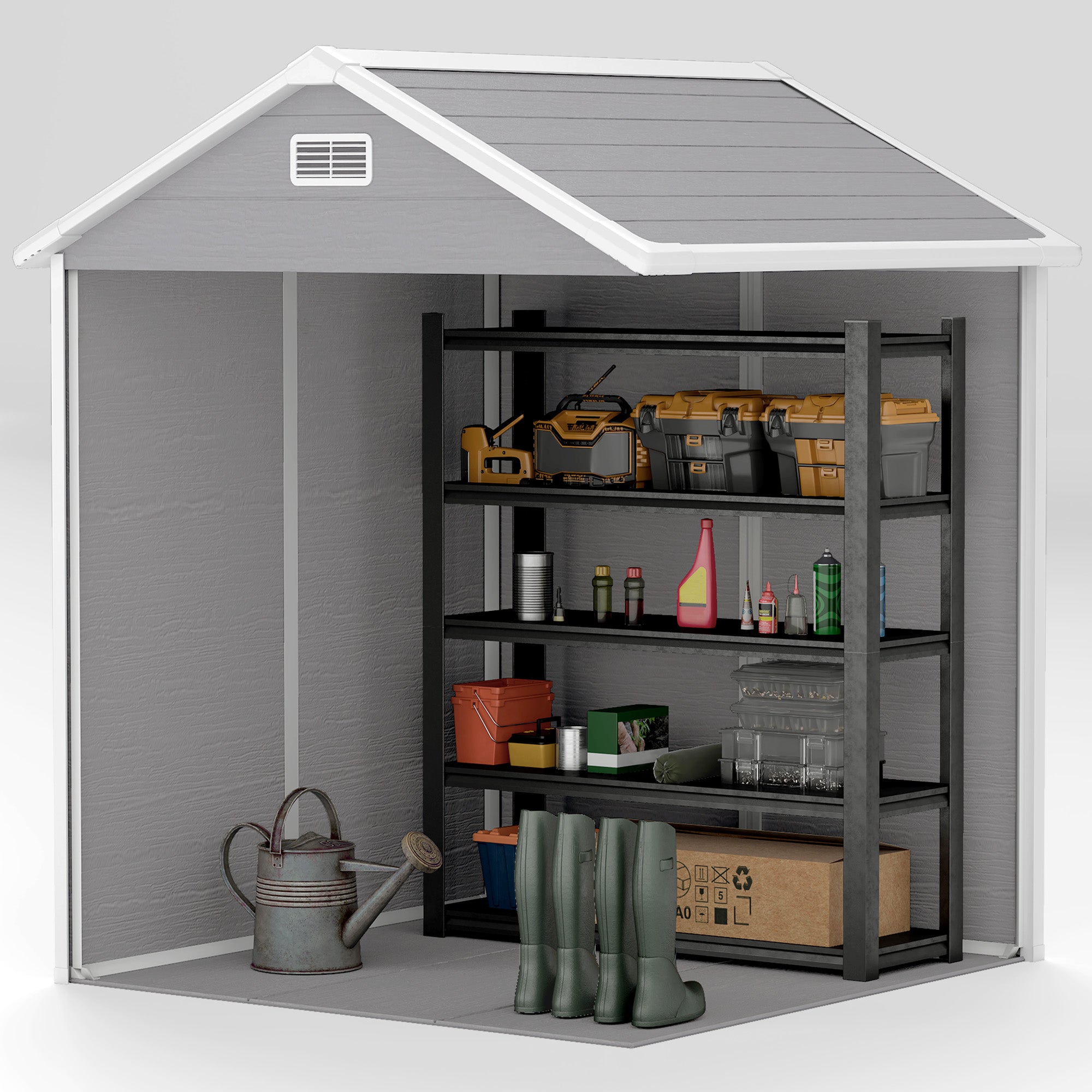 Outsunny 6' x 5' Outdoor Storage Shed, Plastic Garden Shed with Floor, Window, Lockable Doors and Vents, Wood Effect Resin Tool Shed for Backyard, Patio, Lawn, Dark Grey