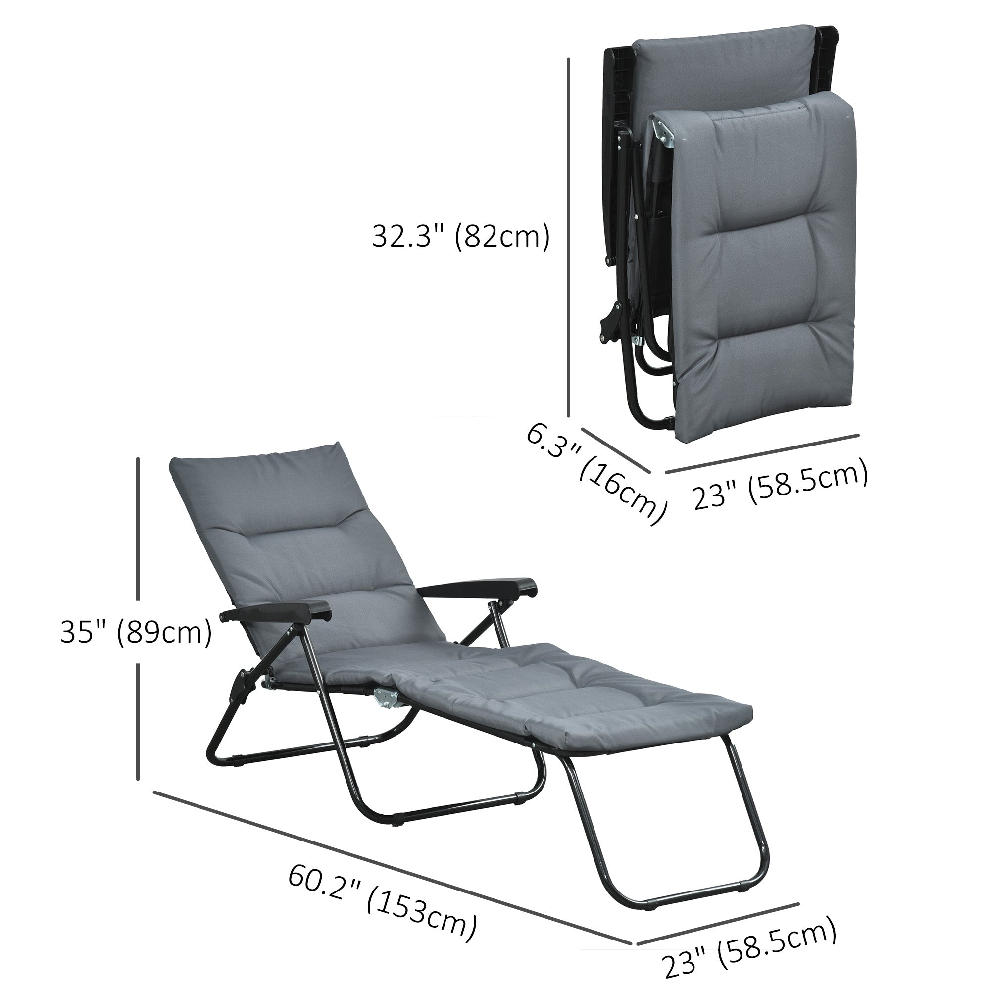 Outsunny Folding Lounge Chair, Reclining Tanning Chair, Sun Lounger with 6-Position Adjustable Back, Padded Cushion for Patio, Garden, Beach, Pool, Grey
