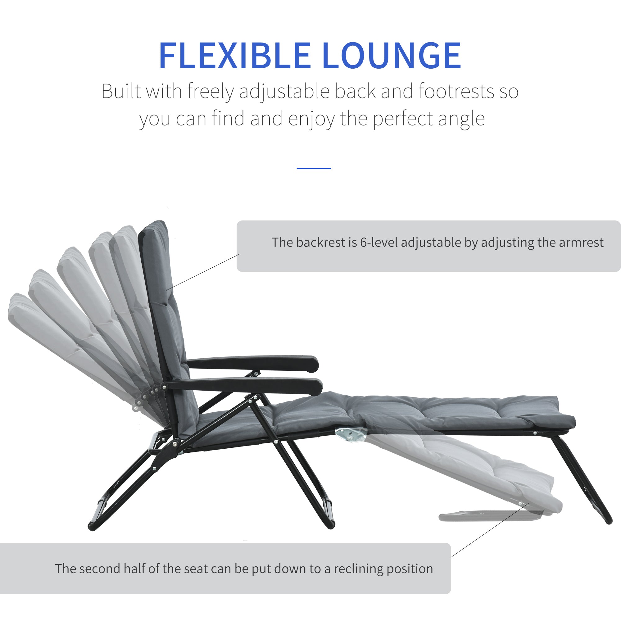 Outsunny Folding Lounge Chair, Reclining Tanning Chair, Sun Lounger with 6-Position Adjustable Back, Padded Cushion for Patio, Garden, Beach, Pool, Grey