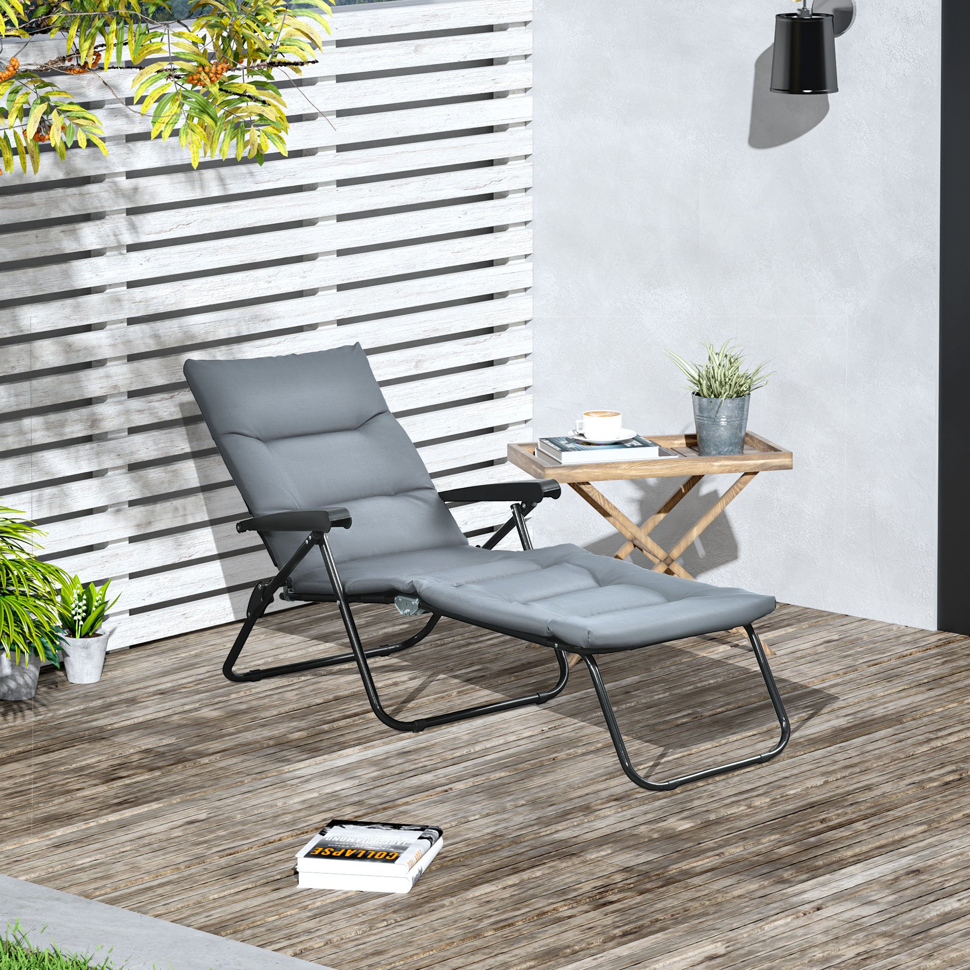 Outsunny Folding Lounge Chair, Reclining Tanning Chair, Sun Lounger with 6-Position Adjustable Back, Padded Cushion for Patio, Garden, Beach, Pool, Grey
