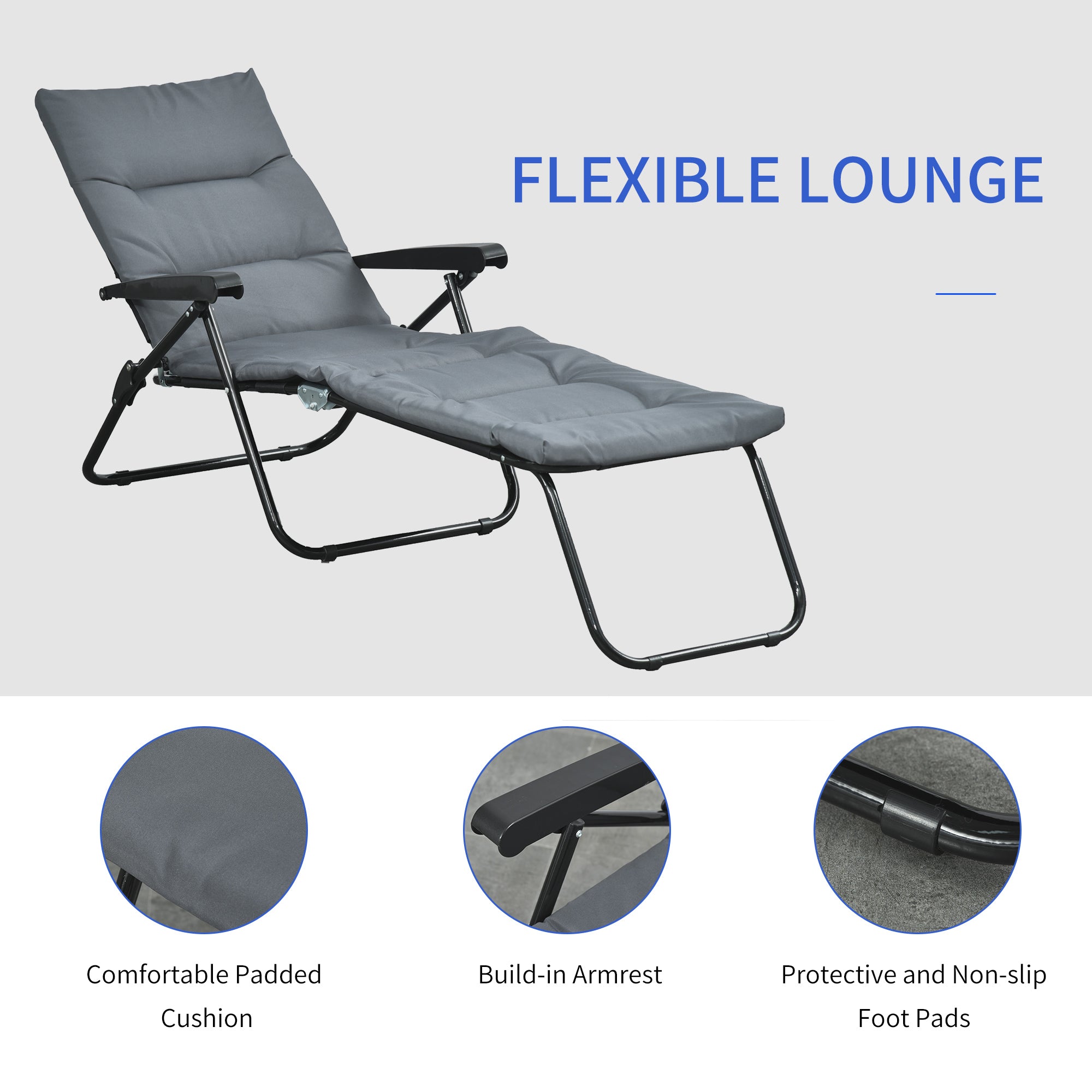 Outsunny Folding Lounge Chair, Reclining Tanning Chair, Sun Lounger with 6-Position Adjustable Back, Padded Cushion for Patio, Garden, Beach, Pool, Grey