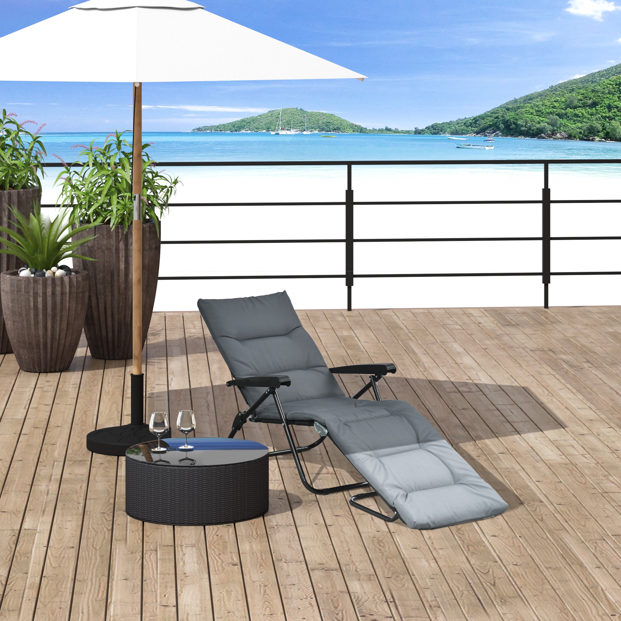 Outsunny Folding Lounge Chair, Reclining Tanning Chair, Sun Lounger with 6-Position Adjustable Back, Padded Cushion for Patio, Garden, Beach, Pool, Grey