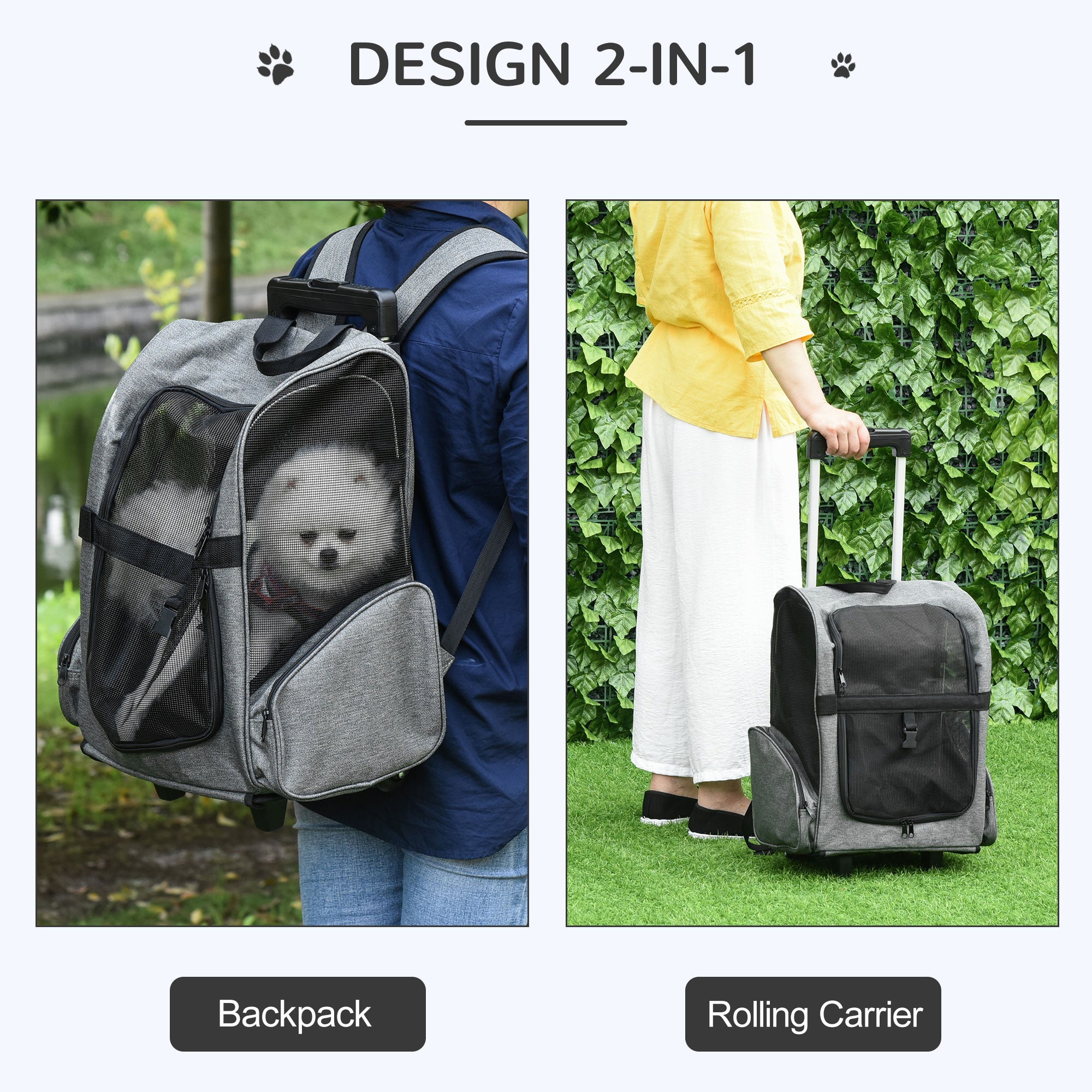 PawHut 2-IN-1 Pet Luggage Box Backpack Carrier Cats Dogs w/ Handle, Rolling Wheel Grey
