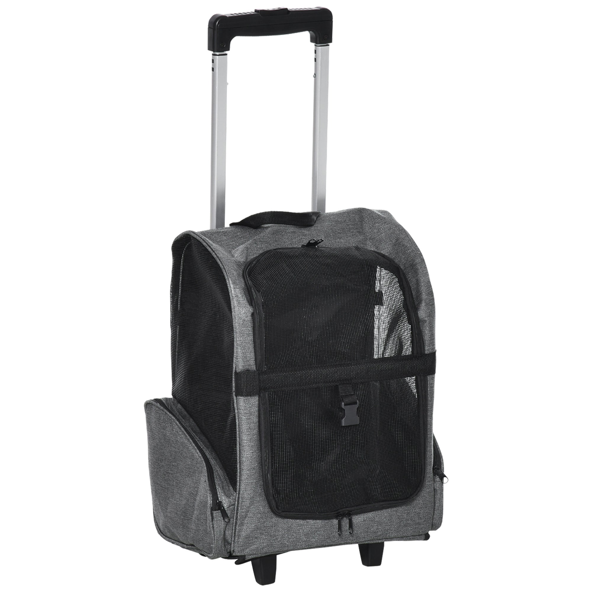 PawHut Pet Travel Backpack Bag Cat Puppy Dog Carrier w/ Trolley and Telescopic Handle Portable Stroller Wheel Luggage Bag (Grey)
