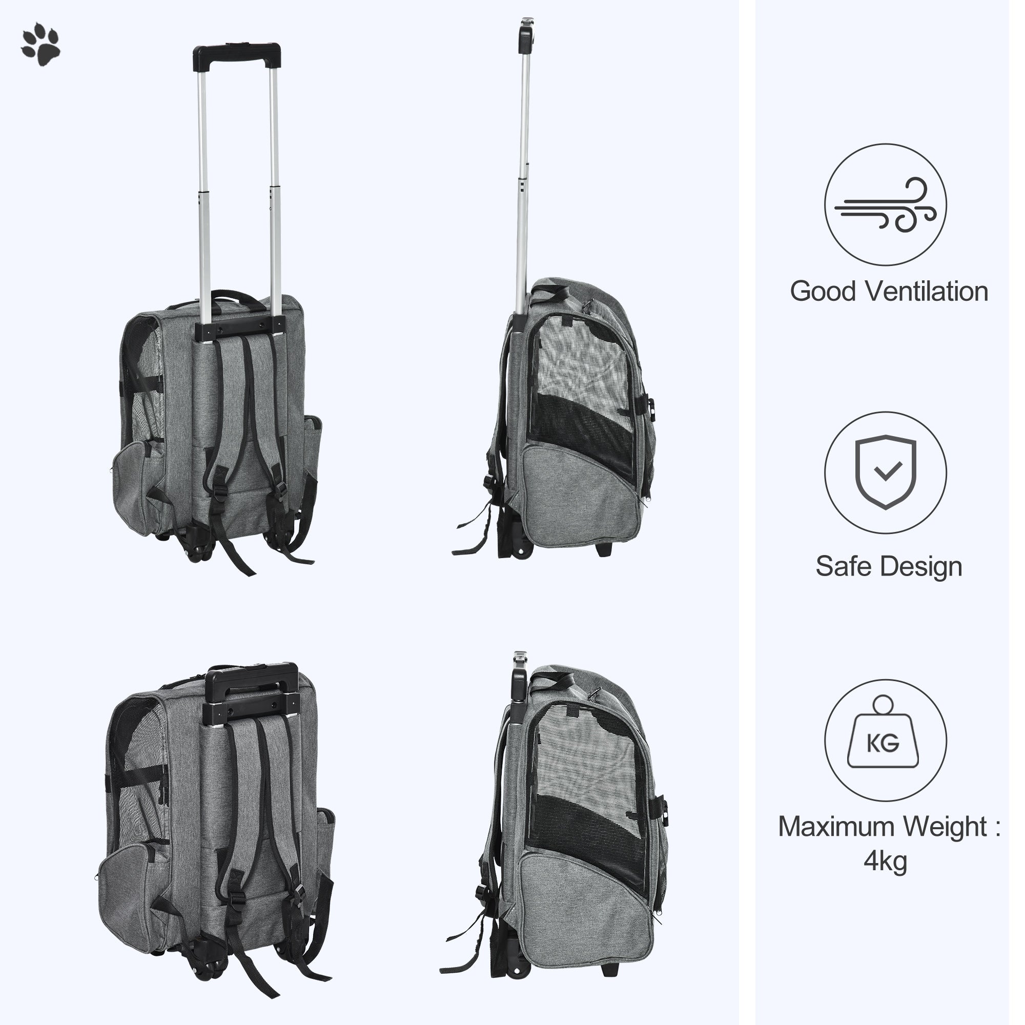 PawHut 2-IN-1 Pet Luggage Box Backpack Carrier Cats Dogs w/ Handle, Rolling Wheel Grey