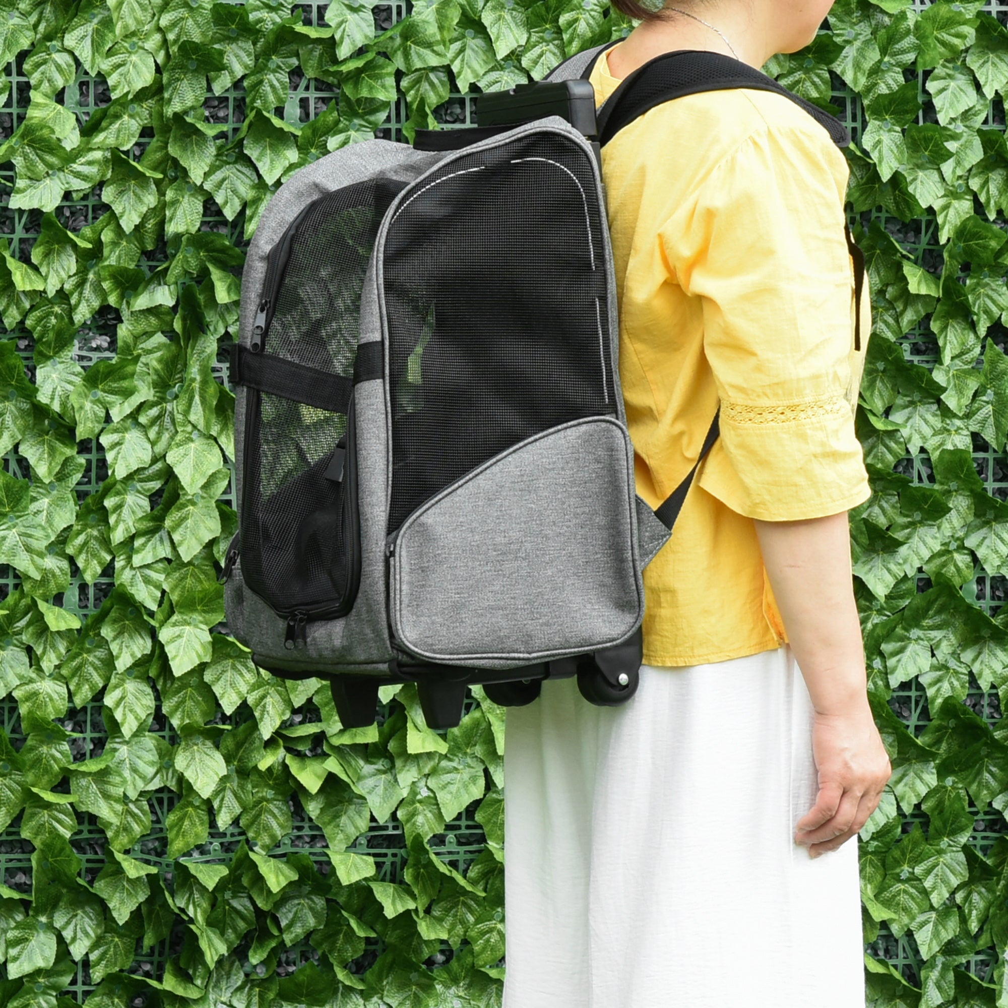 PawHut 2-IN-1 Pet Luggage Box Backpack Carrier Cats Dogs w/ Handle, Rolling Wheel Grey