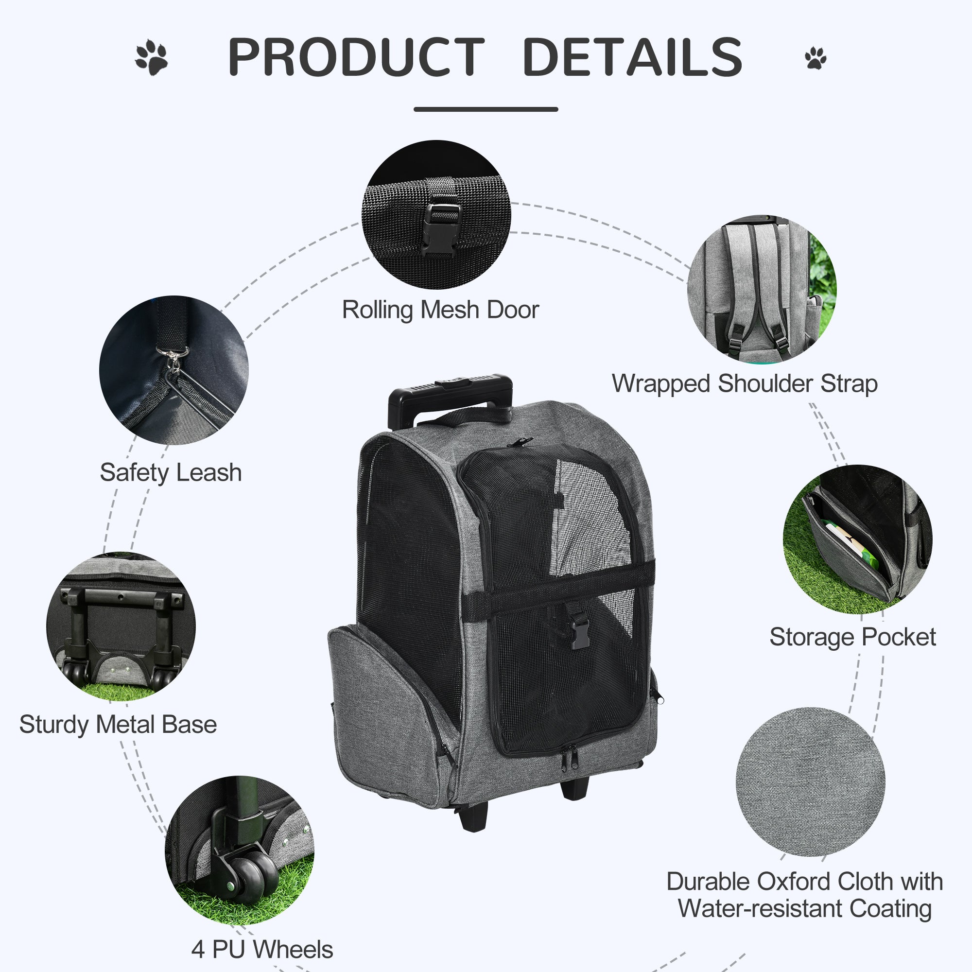 PawHut 2-IN-1 Pet Luggage Box Backpack Carrier Cats Dogs w/ Handle, Rolling Wheel Grey