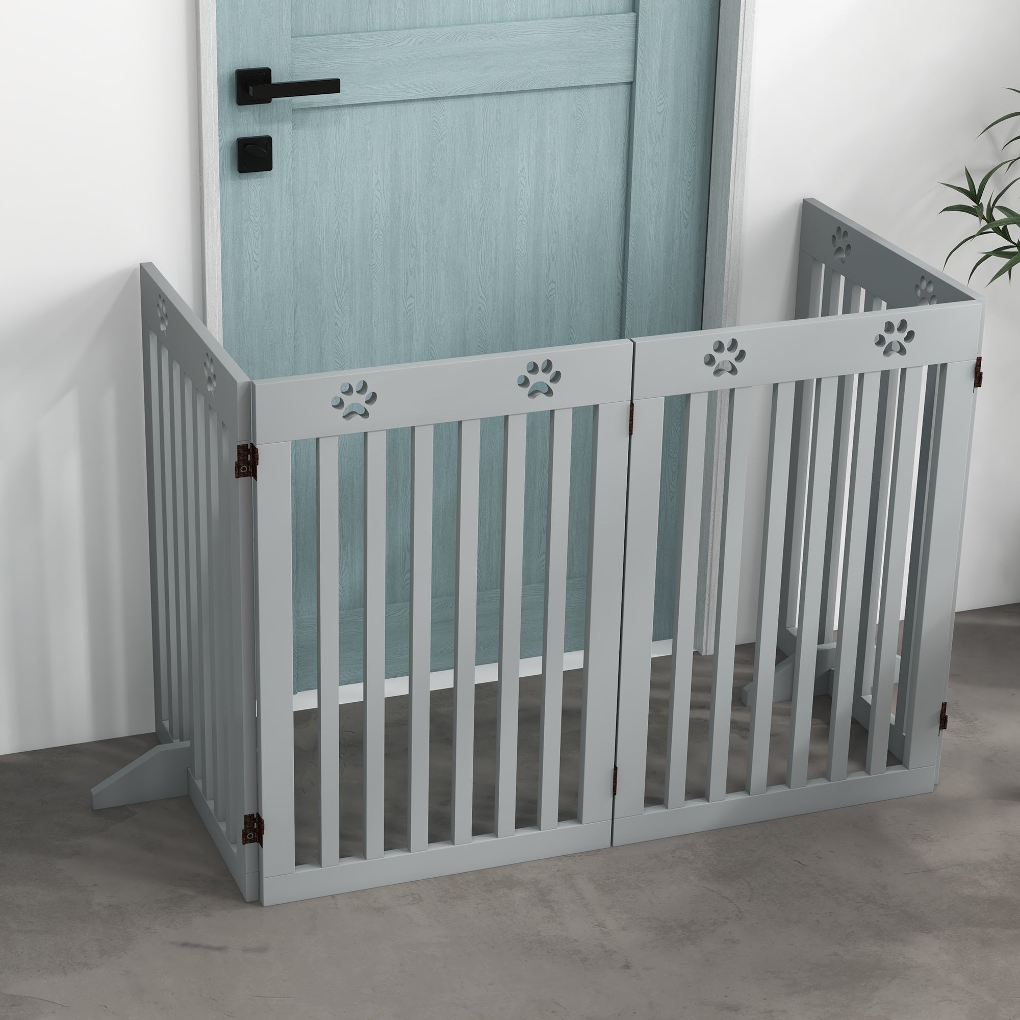 PawHut Freestanding Pet Gate 4 Panel Dog Barrier Folding Safety Fence with Support Feet up to 204cm Long 75cm Tall for Doorway Stairs, Grey