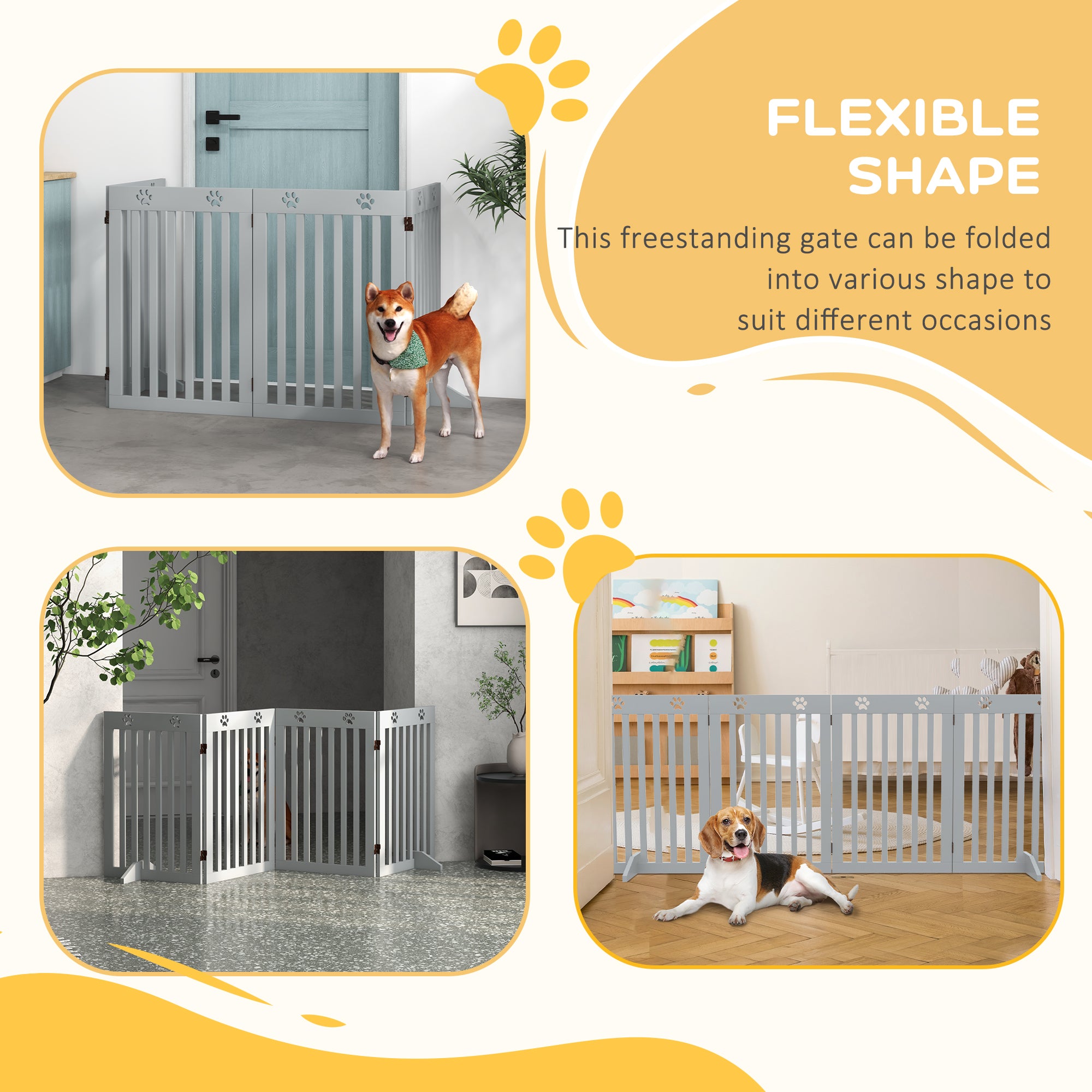 PawHut Freestanding Pet Gate 4 Panel Dog Barrier Folding Safety Fence with Support Feet up to 80.25" Long 29.5" Tall for Doorway Stairs Black Light Grey