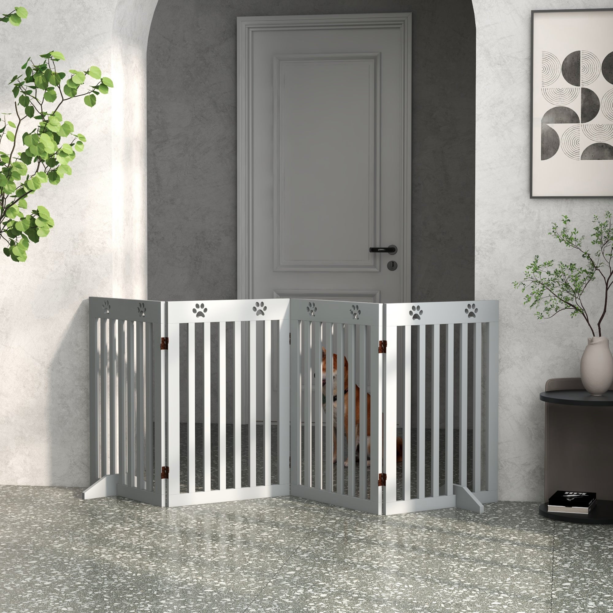 PawHut Freestanding Pet Gate 4 Panel Dog Barrier Folding Safety Fence with Support Feet up to 204cm Long 75cm Tall for Doorway Stairs, Grey