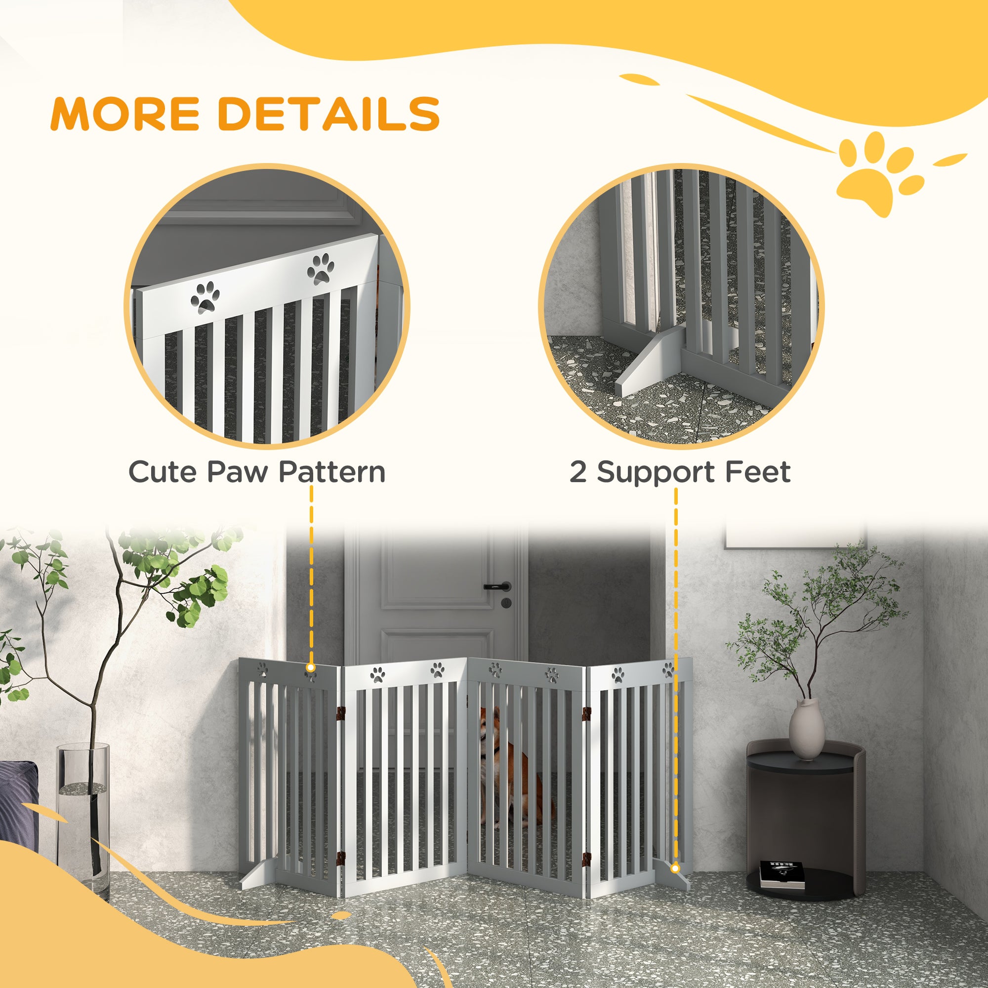 PawHut Freestanding Pet Gate 4 Panel Dog Barrier Folding Safety Fence with Support Feet up to 80.25" Long 29.5" Tall for Doorway Stairs Black Light Grey