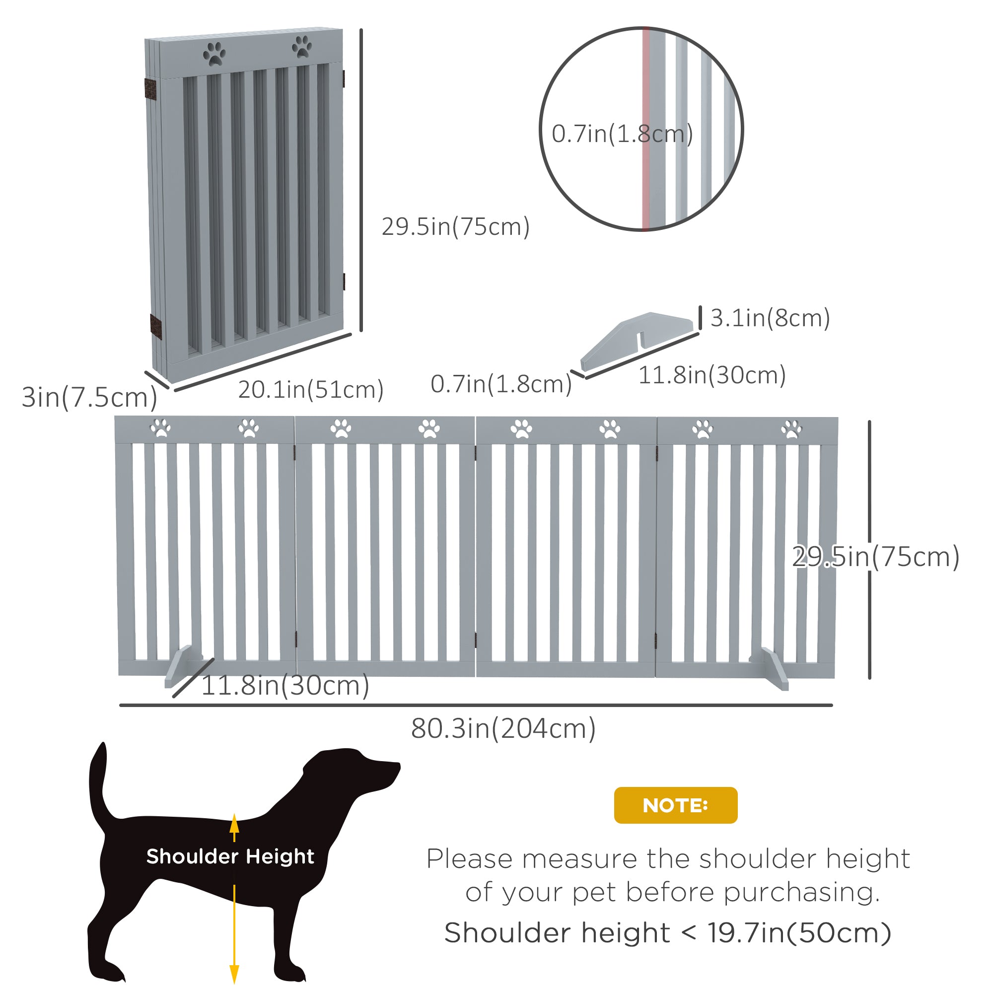 PawHut Freestanding Pet Gate 4 Panel Dog Barrier Folding Safety Fence with Support Feet up to 80.25" Long 29.5" Tall for Doorway Stairs Black Light Grey