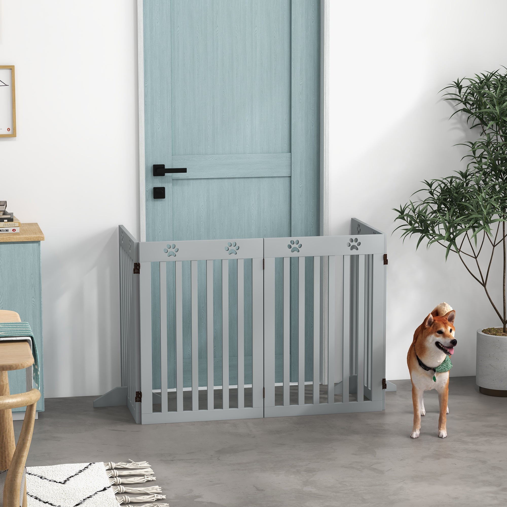 PawHut Freestanding Pet Gate 4 Panel Dog Barrier Folding Safety Fence with Support Feet up to 80.25" Long 29.5" Tall for Doorway Stairs Black Light Grey