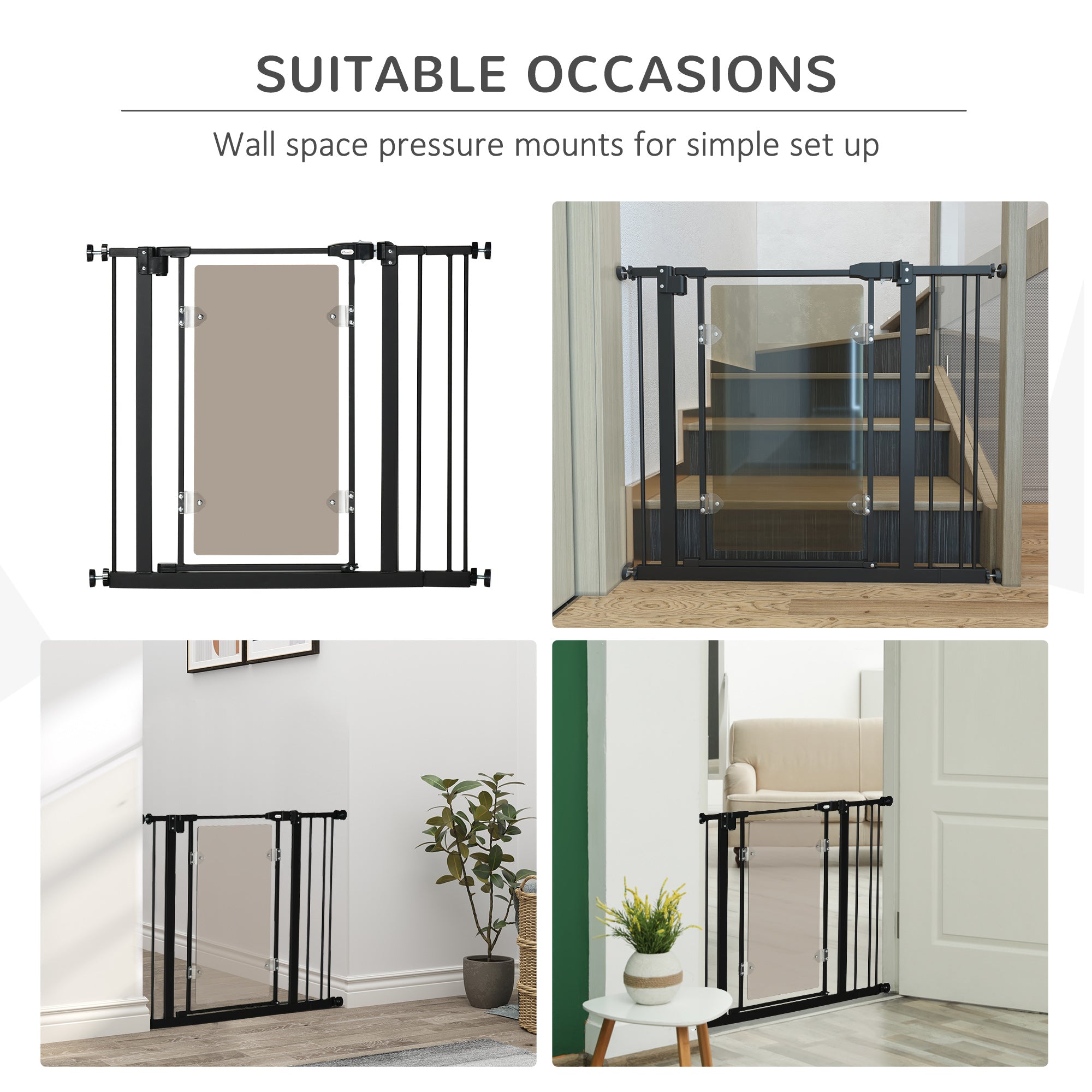 PawHut Pressure Fit Safety Gate for Doorways and Staircases, Dog Gate with Auto Closing Door, Pet Barrier for Hallways with Double Locking, Acrylic Panel, Extensions Kit, 74-80 cm/84-90 cm - Black