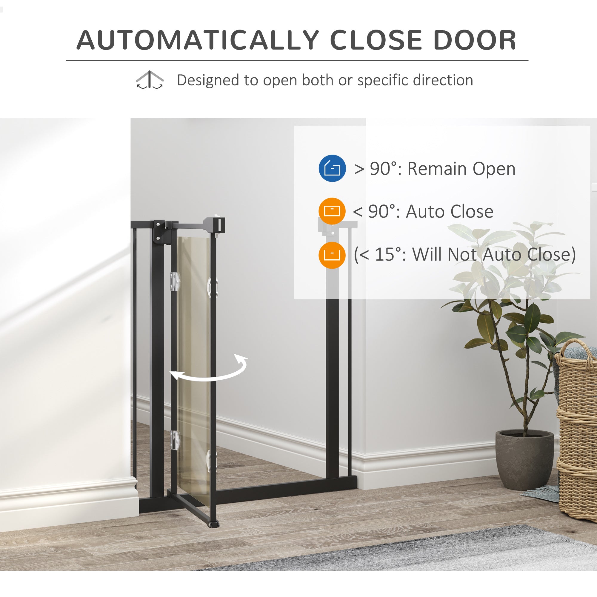 PawHut Pressure Fit Safety Gate for Doorways and Staircases, Dog Gate with Auto Closing Door, Pet Barrier for Hallways with Double Locking, Acrylic Panel, Extensions Kit, 74-80 cm/84-90 cm - Black