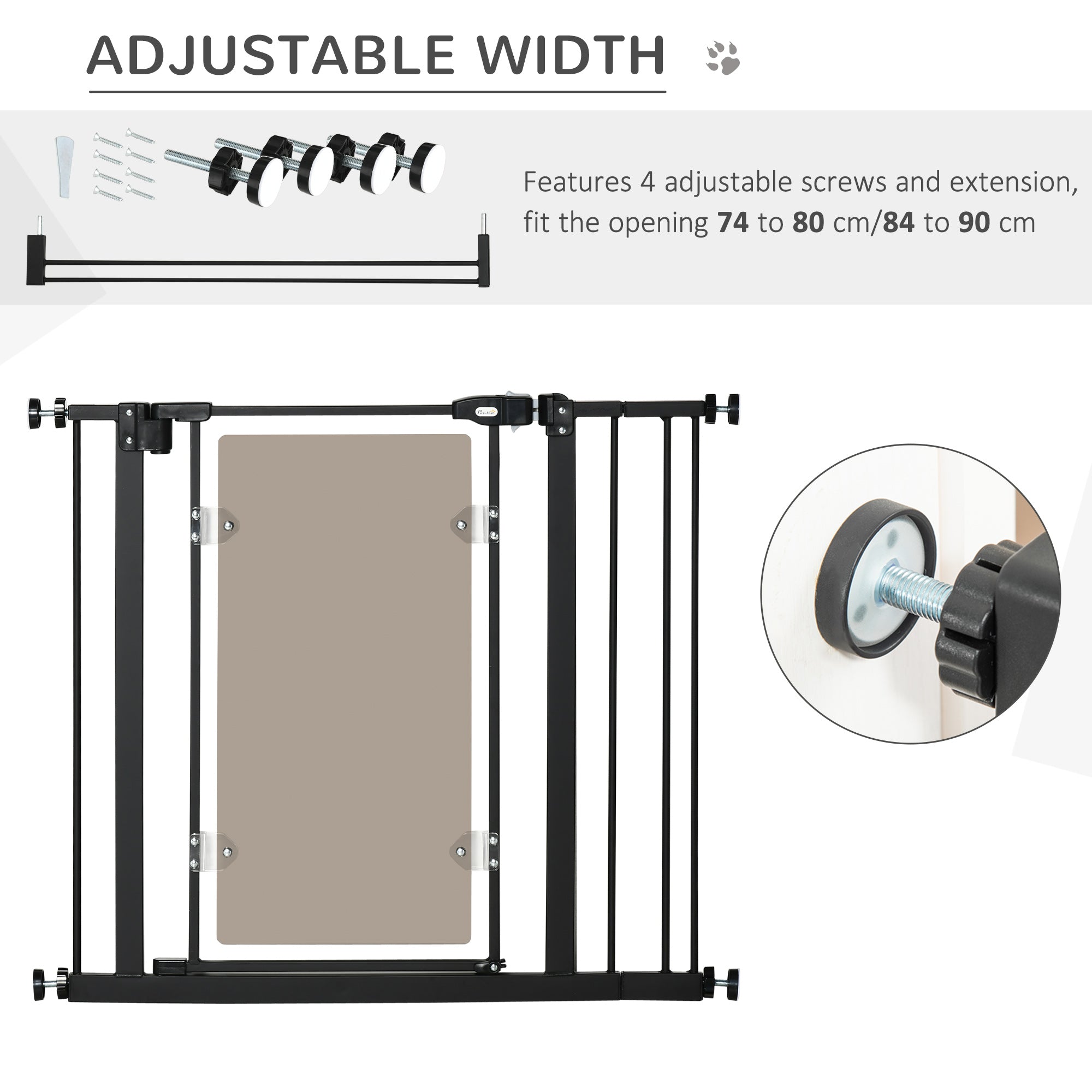 PawHut Pressure Fit Safety Gate for Doorways and Staircases, Dog Gate with Auto Closing Door, Pet Barrier for Hallways with Double Locking, Acrylic Panel, Extensions Kit, 74-80 cm/84-90 cm - Black