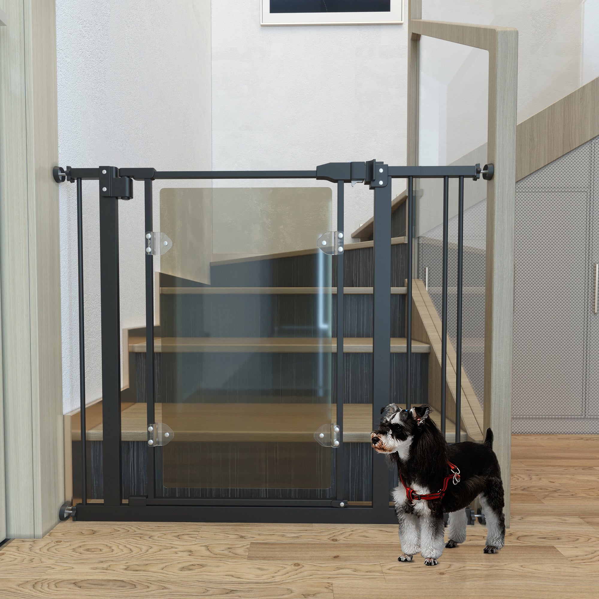 PawHut Pressure Fit Safety Gate for Doorways and Staircases, Dog Gate with Auto Closing Door, Pet Barrier for Hallways with Double Locking, Acrylic Panel, Extensions Kit, 74-80 cm/84-90 cm - Black