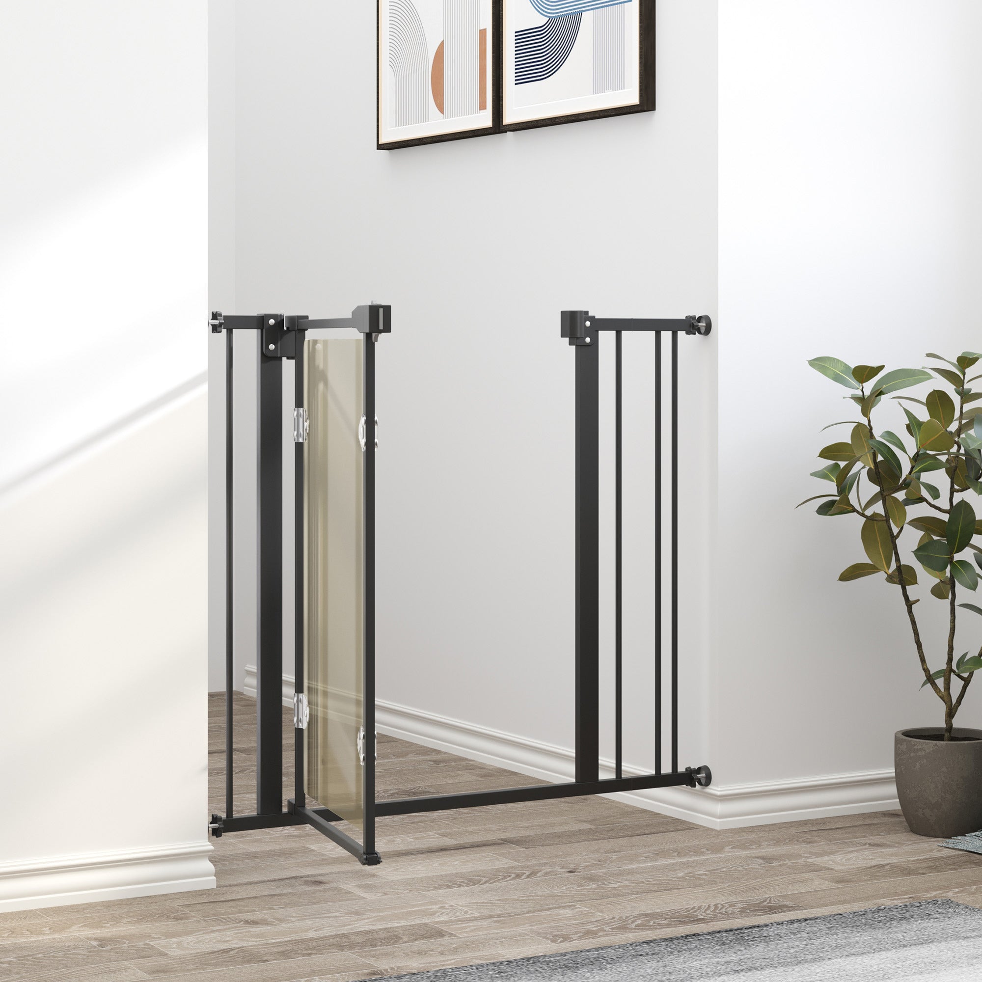 PawHut Pressure Fit Safety Gate for Doorways and Staircases, Dog Gate with Auto Closing Door, Pet Barrier for Hallways with Double Locking, Acrylic Panel, Extensions Kit, 74-80 cm/84-90 cm - Black