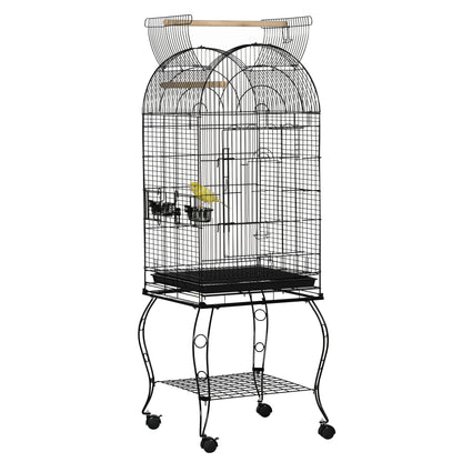 PawHut 60" Bird Cage with Openable Top, Large Parrot Cage with Rolling Stand, Wheels, Removable Tray, Bowls, Storage Shelf for Cockatie, Sun Conure, Black
